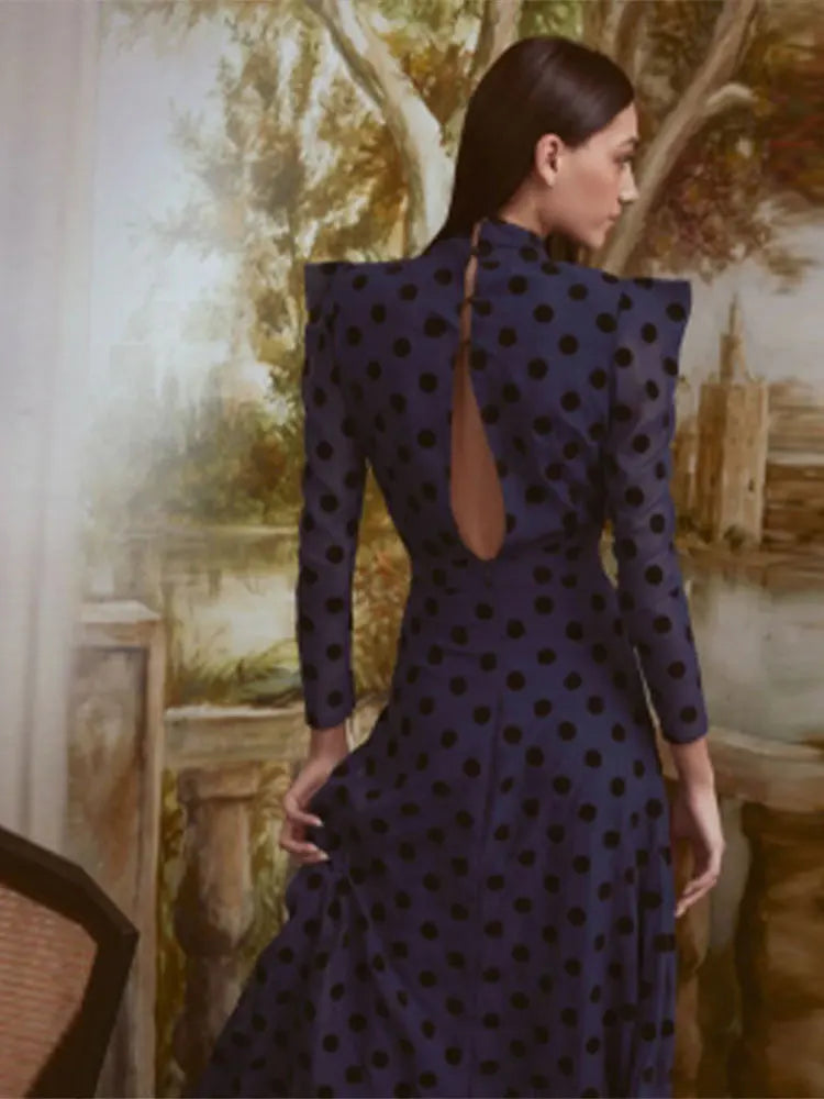 Elegant Polka Dot Printed Women's Slit Maxi Dress - Chic Mock Neck Shoulder Pads Backless Robe - Spring Summer Beach Party Wedding Guest Dress Fashion Vestidos