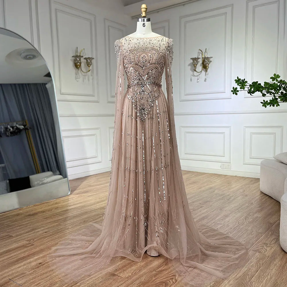 Luxury Designer Blue Beaded Stone Arabic Evening Dress with Cape Sleeve LA72635 - Elegant Formal Gown for Weddings, Galas & Special Occasions
