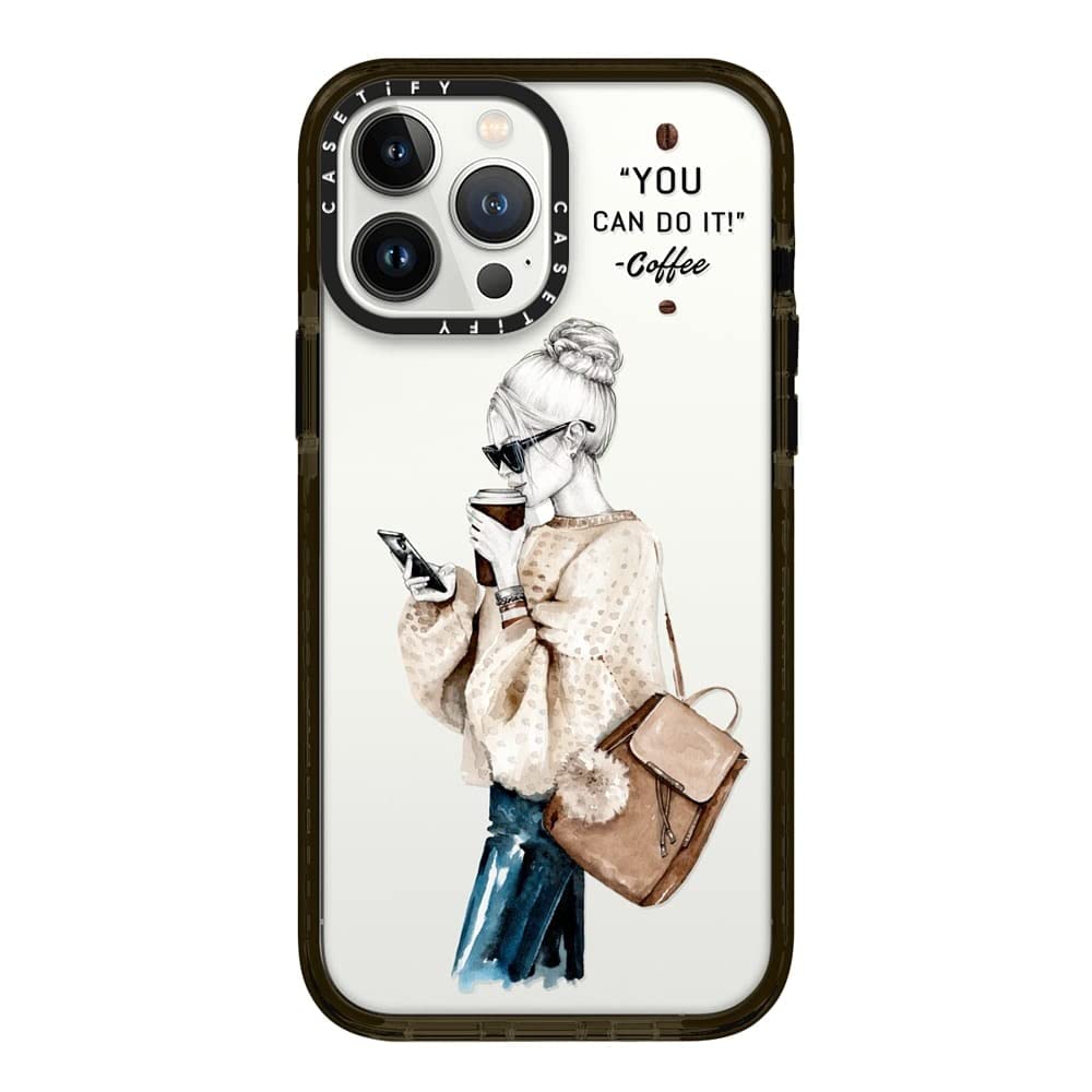 CASETiFY Impact Case for iPhone 13 Pro Max - Shockproof Clear Black Phone Cover with Girl & Coffee Design - Perfect for Everyday Protection & Stylish Outfits