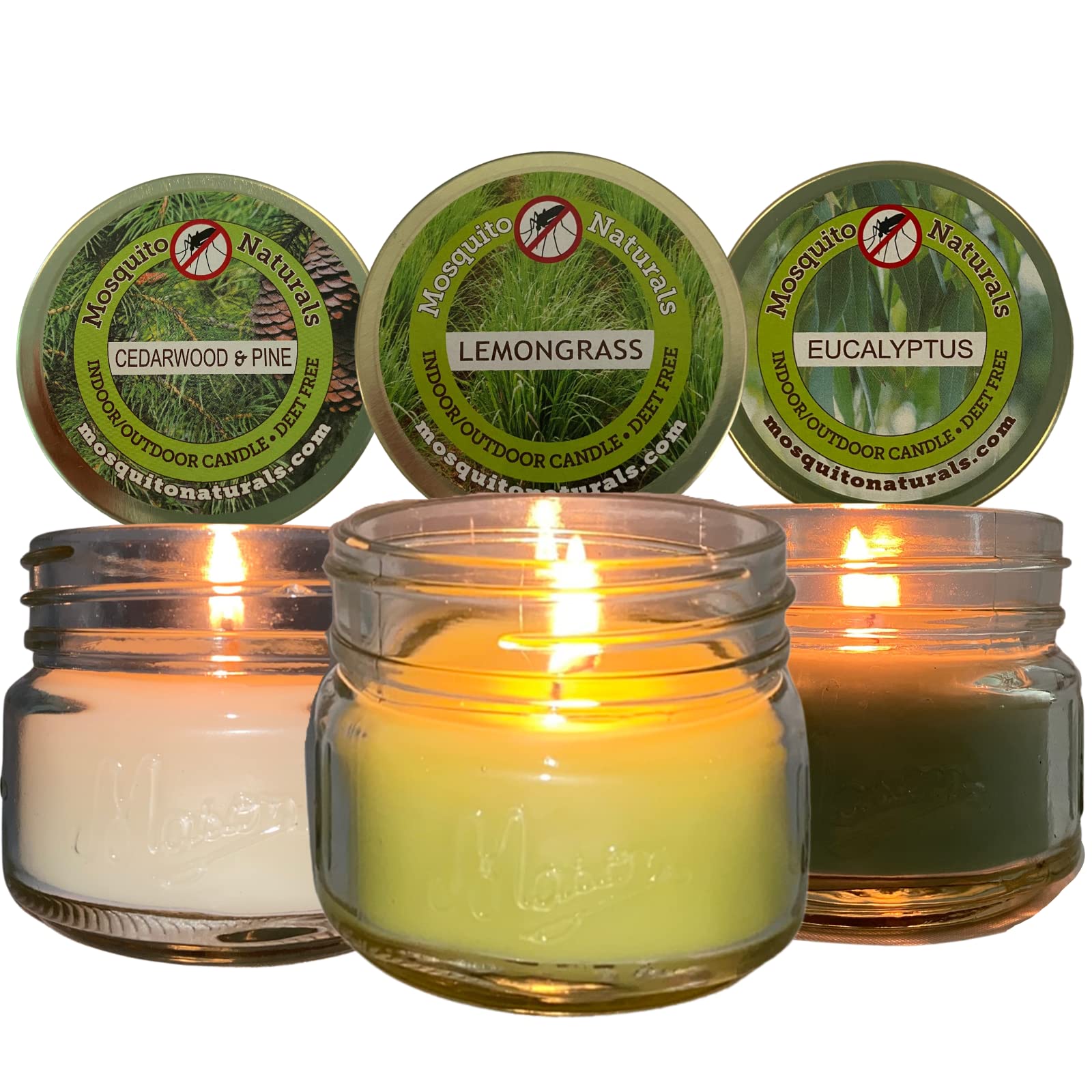 Natural Mosquito Repellent Candles with Essential Oils - Lemongrass, Eucalyptus, Cedarwood & Pine Scent | Soy Wax, Made in USA | Set of 3 (3 oz Jars) | Perfect for Outdoor Patio, Deck, Camping or Indoor Relaxation