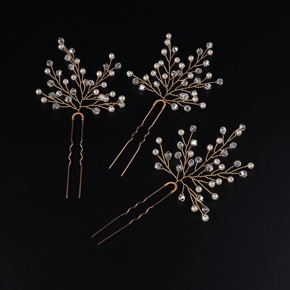 Jumwrit Pearl Bridal Hair Pins Set - 3pcs Rhinestone Wedding Hair Accessories for Women & Girls (Gold) | Perfect for Bridal, Prom, Party & Special Occasions
