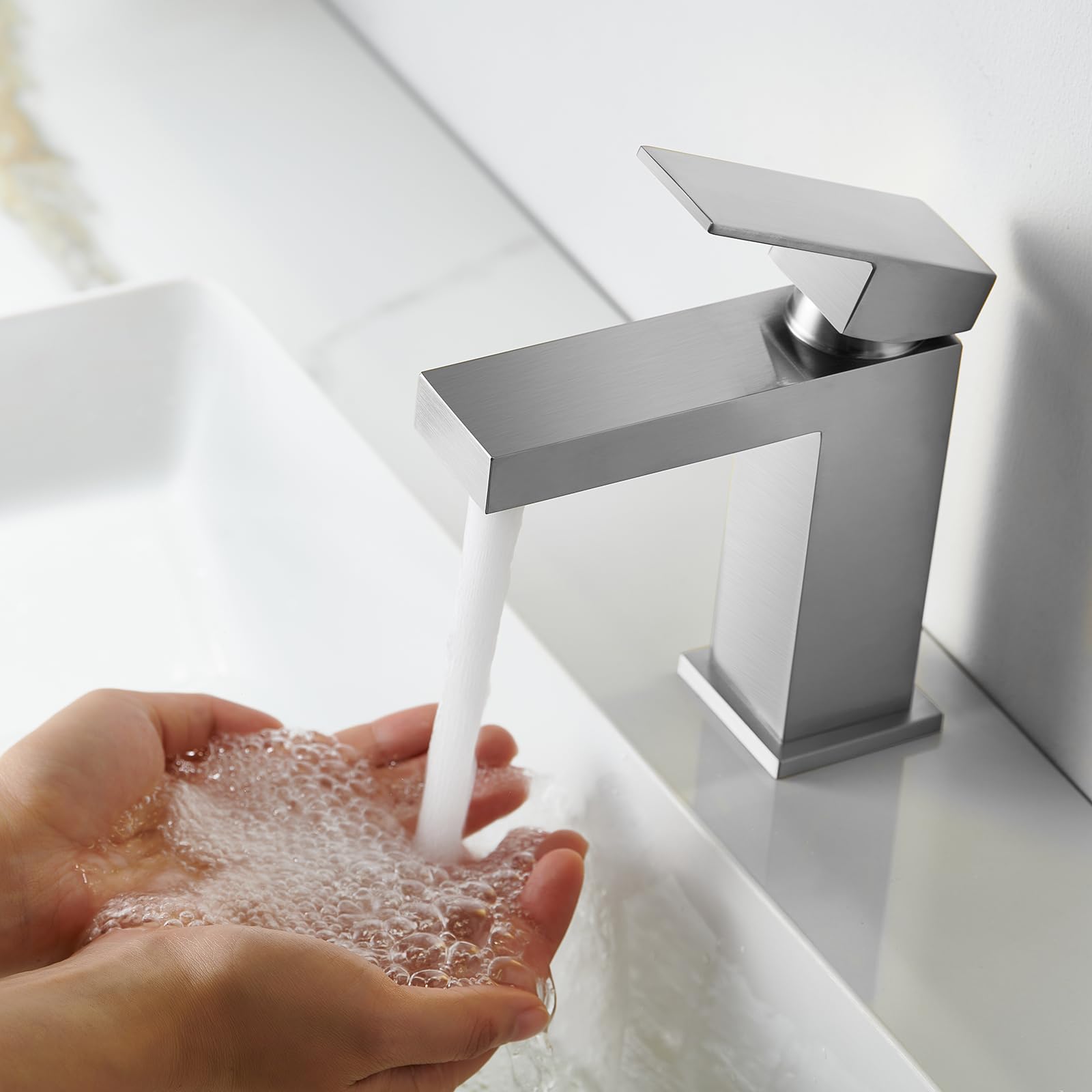 ALWEN Brushed Nickel Bathroom Faucet - 1 Hole Single Handle Sink Faucet with Pop-Up Drain, Lead-Free, Touch On - Perfect for Modern Bathroom Vanities, Powder Rooms & Guest Baths