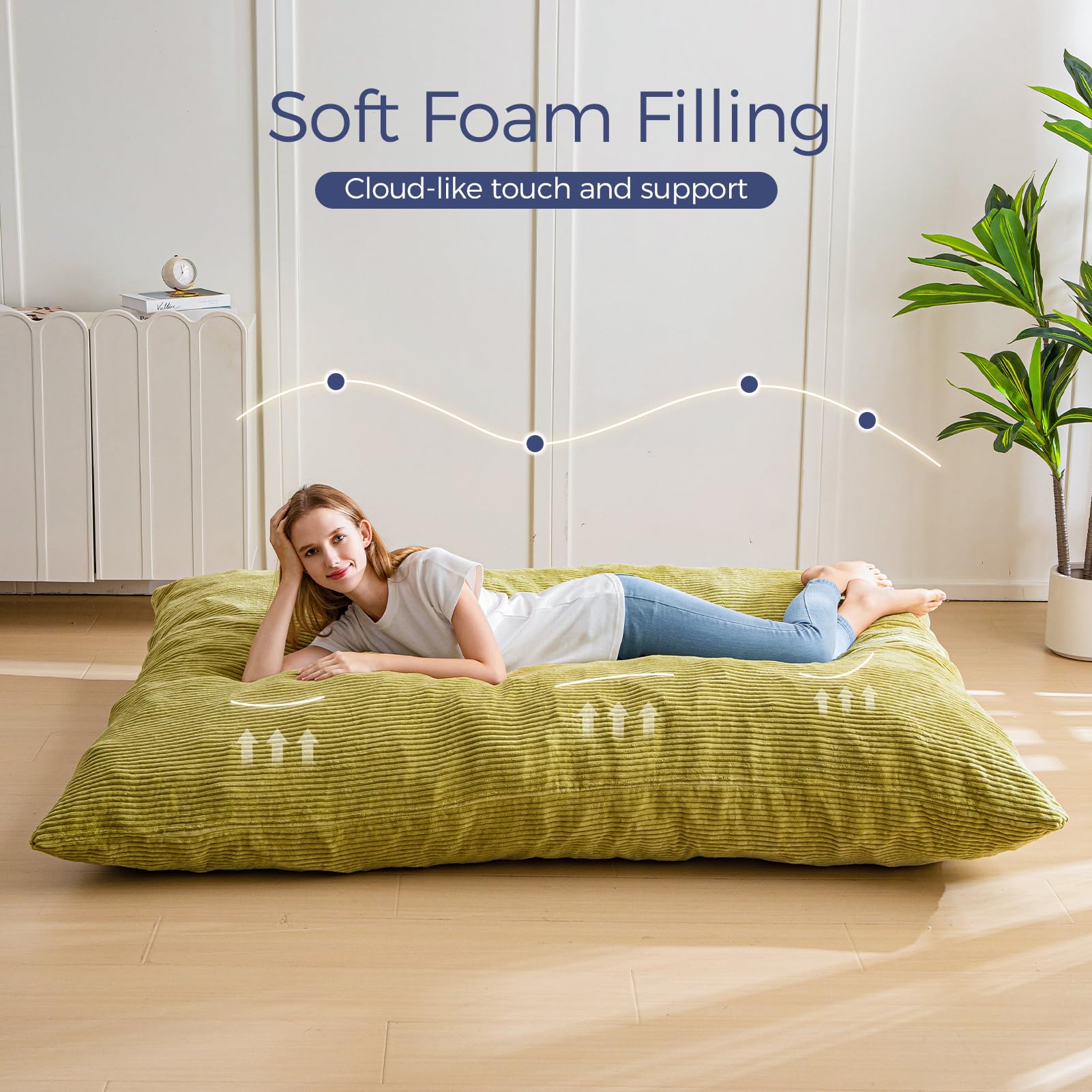 MAXYOYO 3-in-1 Bean Bag Chair - Giant Comfortable Pillow Lounger for Adults & Kids, Soft Green Fabric for Living Room, Bedroom, Dorm - Perfect for Relaxing, Gaming & Reading