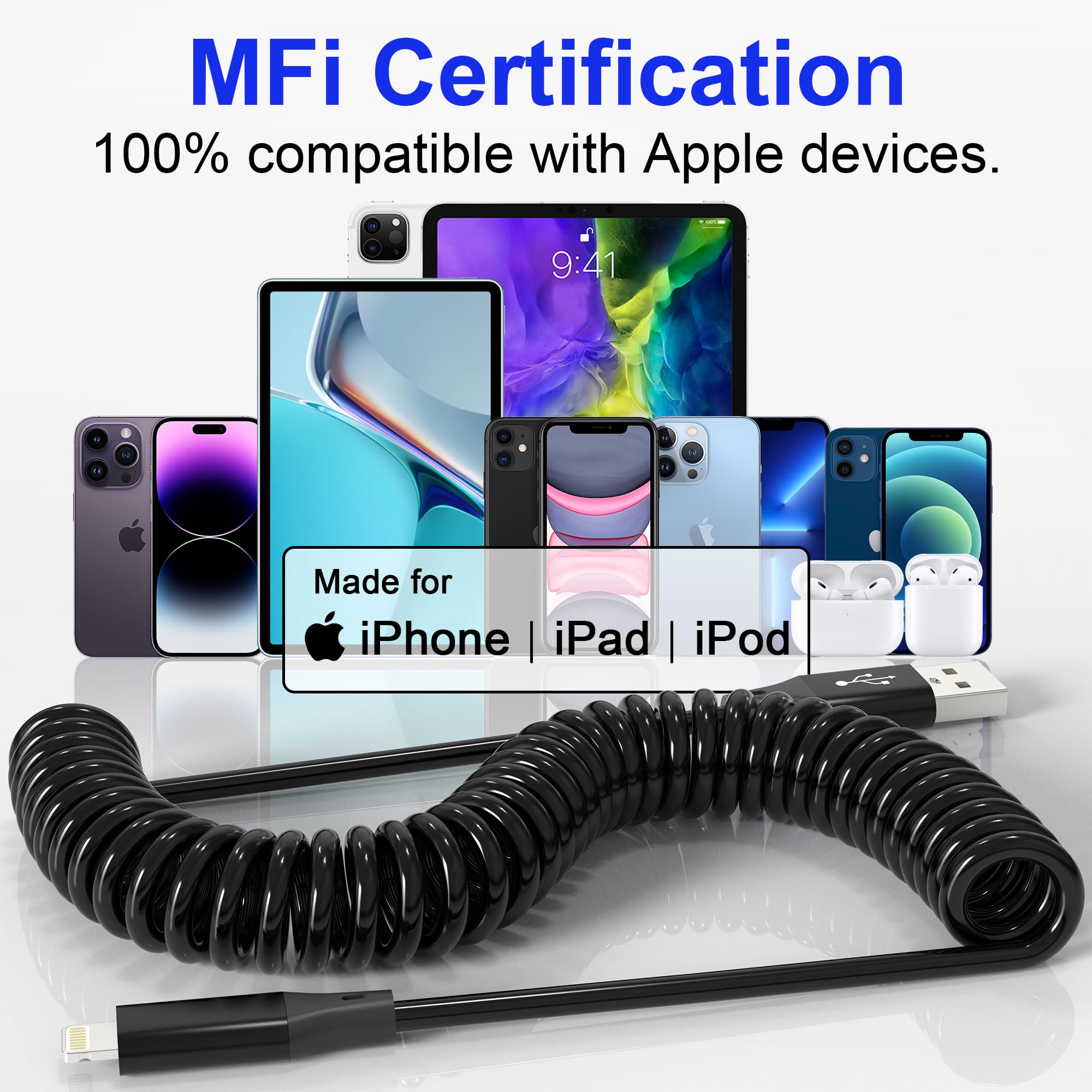 MFi Certified Coiled Lightning Cable - Retractable Short Charging Cord with Fast Data Sync for iPhone, iPad, iPod | Perfect for Apple CarPlay & Travel Charging