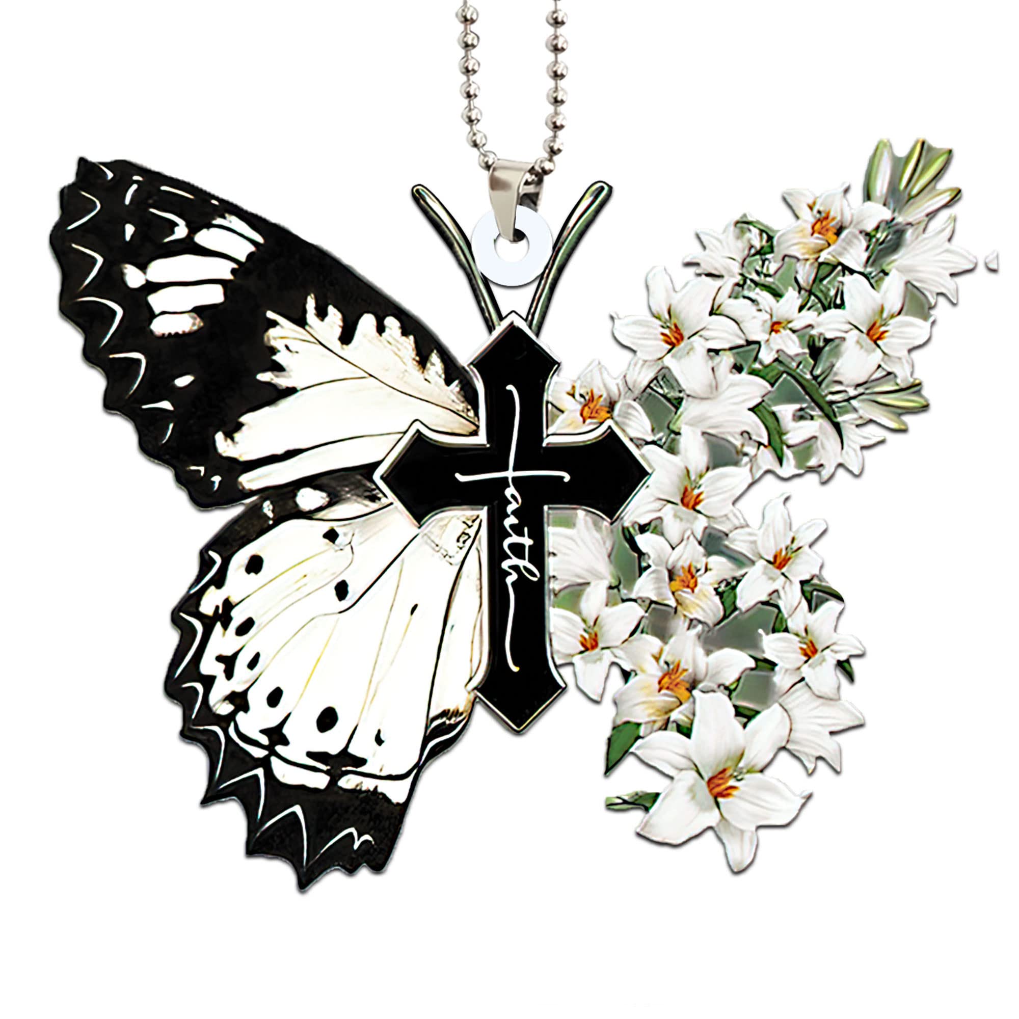 Talataca White Lily Butterfly Faith Jesus Cross Christian God 2D Flat Car Rearview Mirror Charm - Religious Car Accessory for Christian Believers, Christmas Tree Ornament & Home Decor Gift - Perfect for Vehicles, Holiday Decorations and Spiritual Gifting