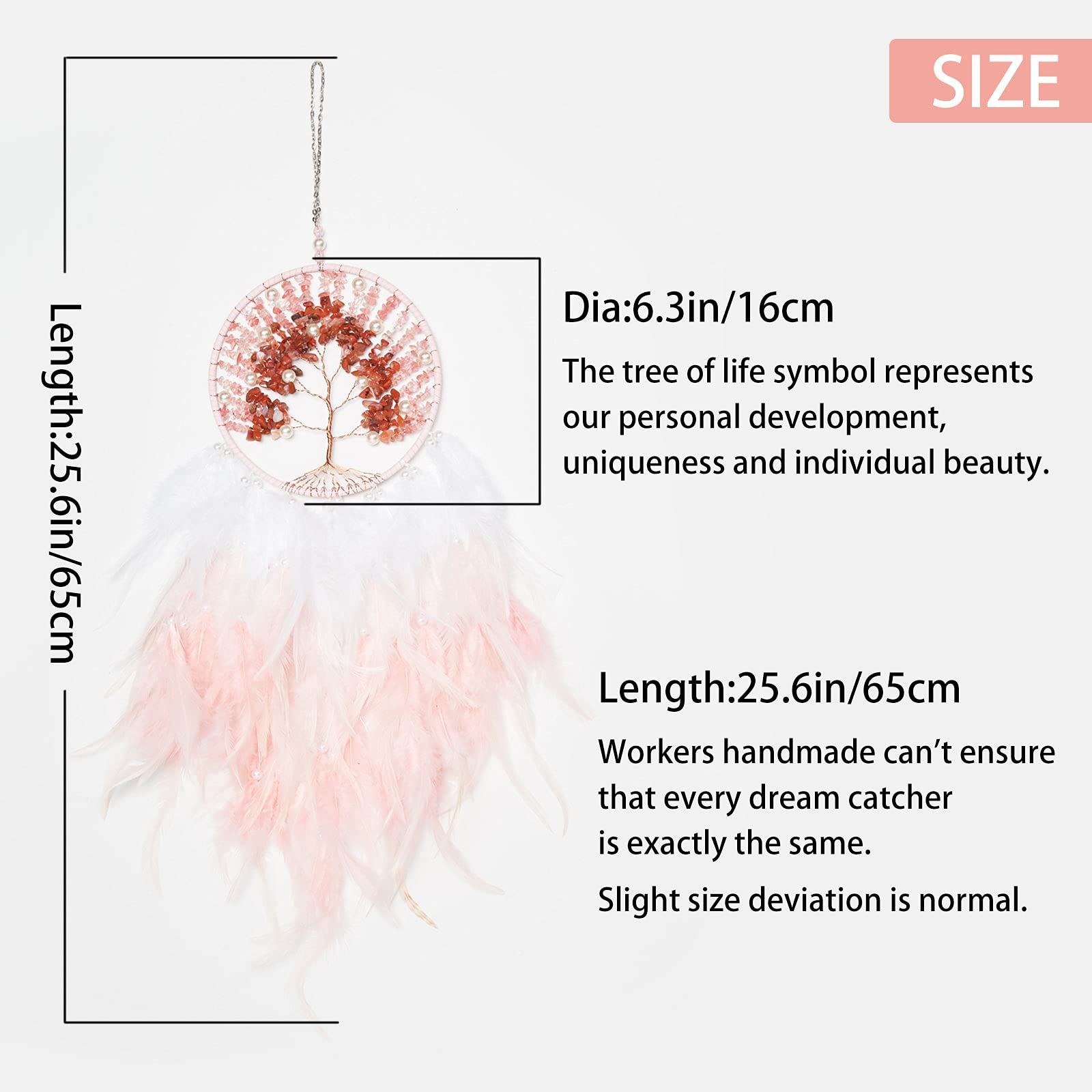 Handmade Pink Tree of Life Dream Catcher with Healing Crystals & Feathers - 25.6 Inch Wall Hanging Decor for Bedroom, Living Room, Wedding & Party | Boho Home Decor, Spiritual Gift, Meditation Space Accent