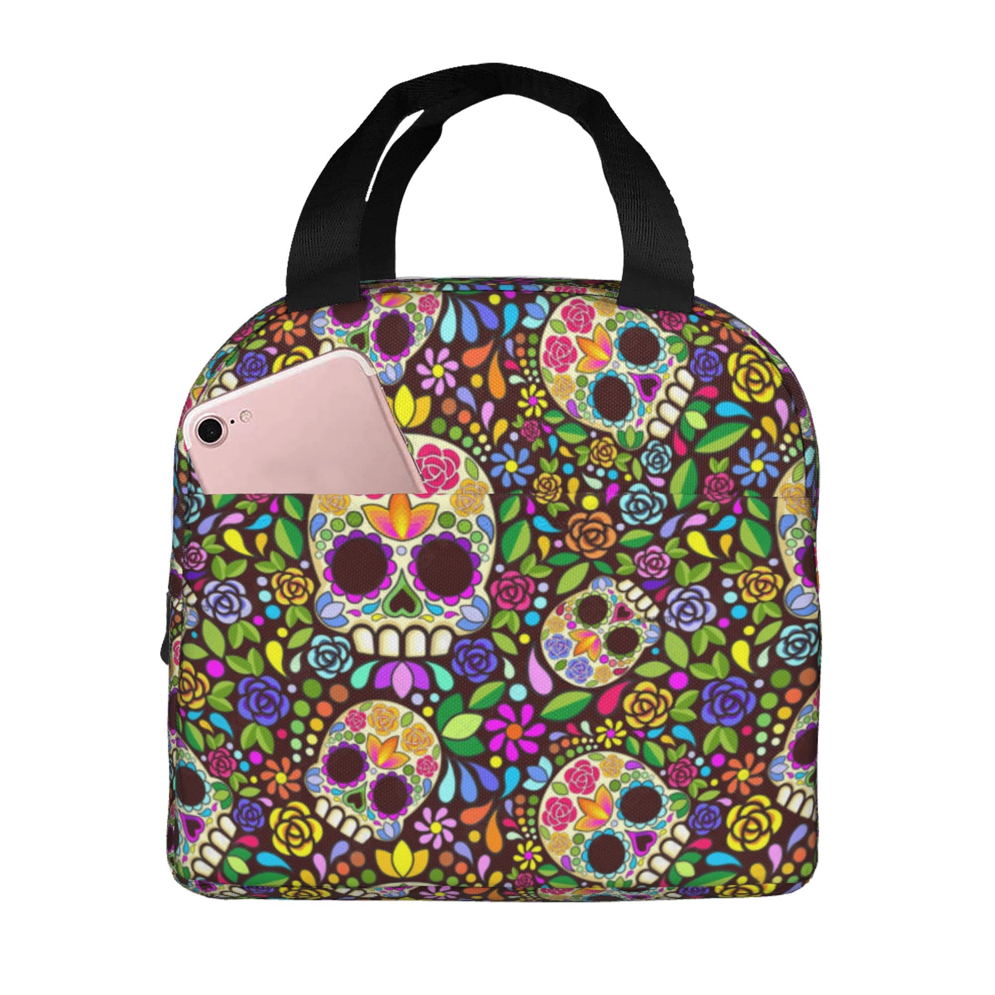 **Insulated Lunch Bag for Women & Men - Reusable Thermal Tote Cooler with Pockets for Work, School, Hiking & Picnic - Sugar Skull Floral Design**    *(Perfect for keeping meals fresh at the office, outdoor adventures, or daily commutes!)*