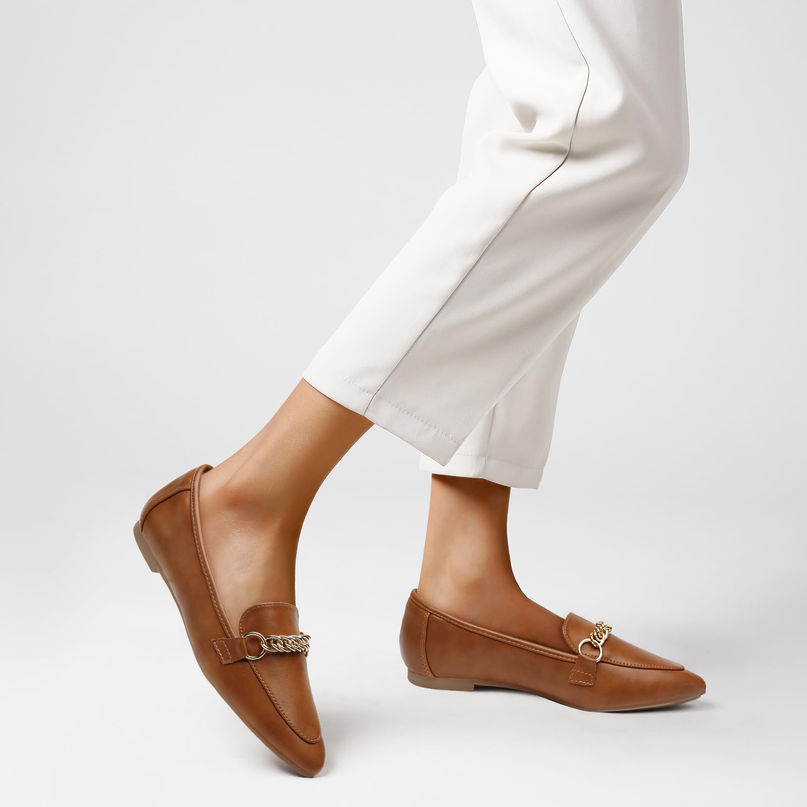 Stylish Women's Pointed Toe Metal Chain Loafers - Comfortable Slip-On Flats for Work & Office | Fashionable Dress Shoes for Business Casual & Professional Outfits