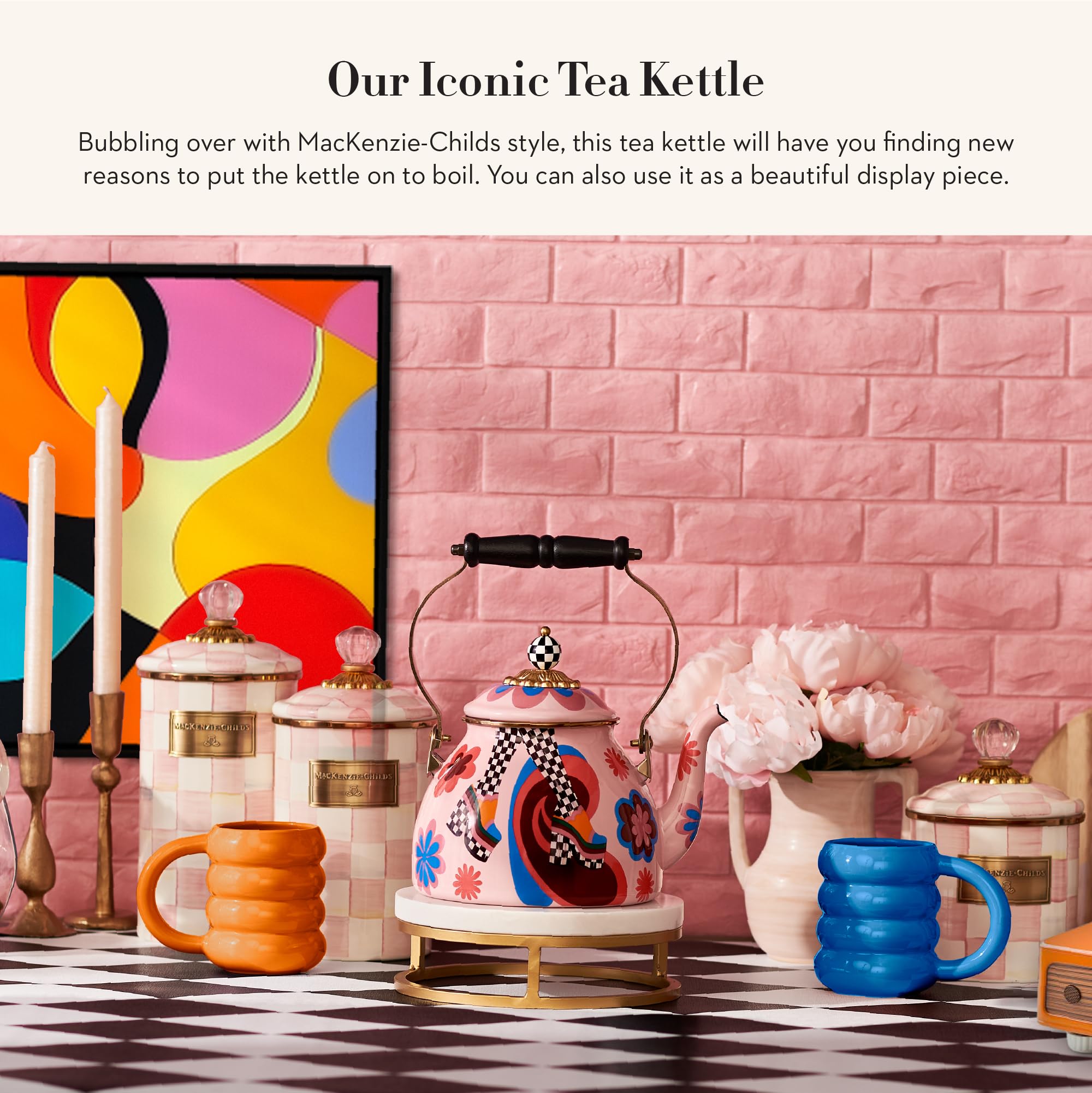 MACKENZIE-CHILDS 2-Quart Enamel Stovetop Tea Kettle - Vintage Style Whistling Kettle for Gas & Electric Stoves - Perfect for Home Kitchen, Tea Parties & Gift Giving