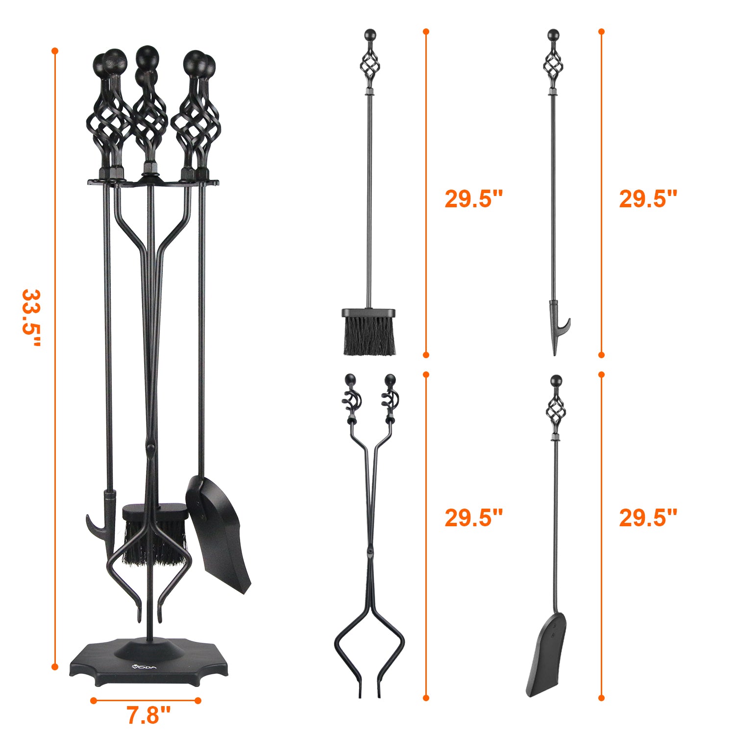 VODA 5-Piece Fireplace Tool Set - Heavy Duty Outdoor Fireplace Accessories with Large Fire Poker, Shovel, Brush & Stand - Perfect for Fire Pits, Campfires & Indoor Fireplaces