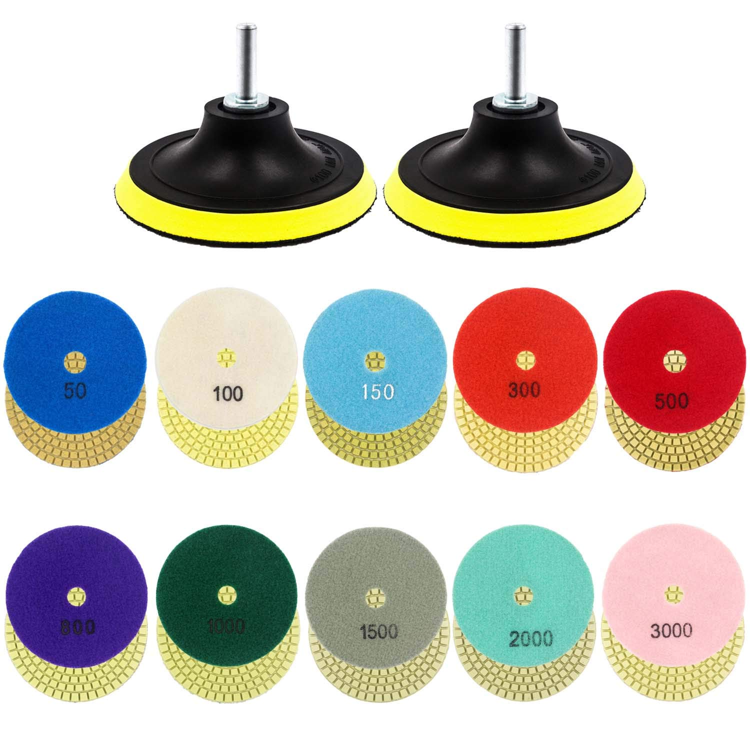 3 Inch Diamond Polishing Pads Set - 10pcs Wet/Dry Polishing Kit (50#-3000# Grit) with 2 Hook & Loop Backer Pads for Granite, Marble, Concrete - Perfect for Floor Grinders, Polishers & Stone Restoration Projects (12 Pack)