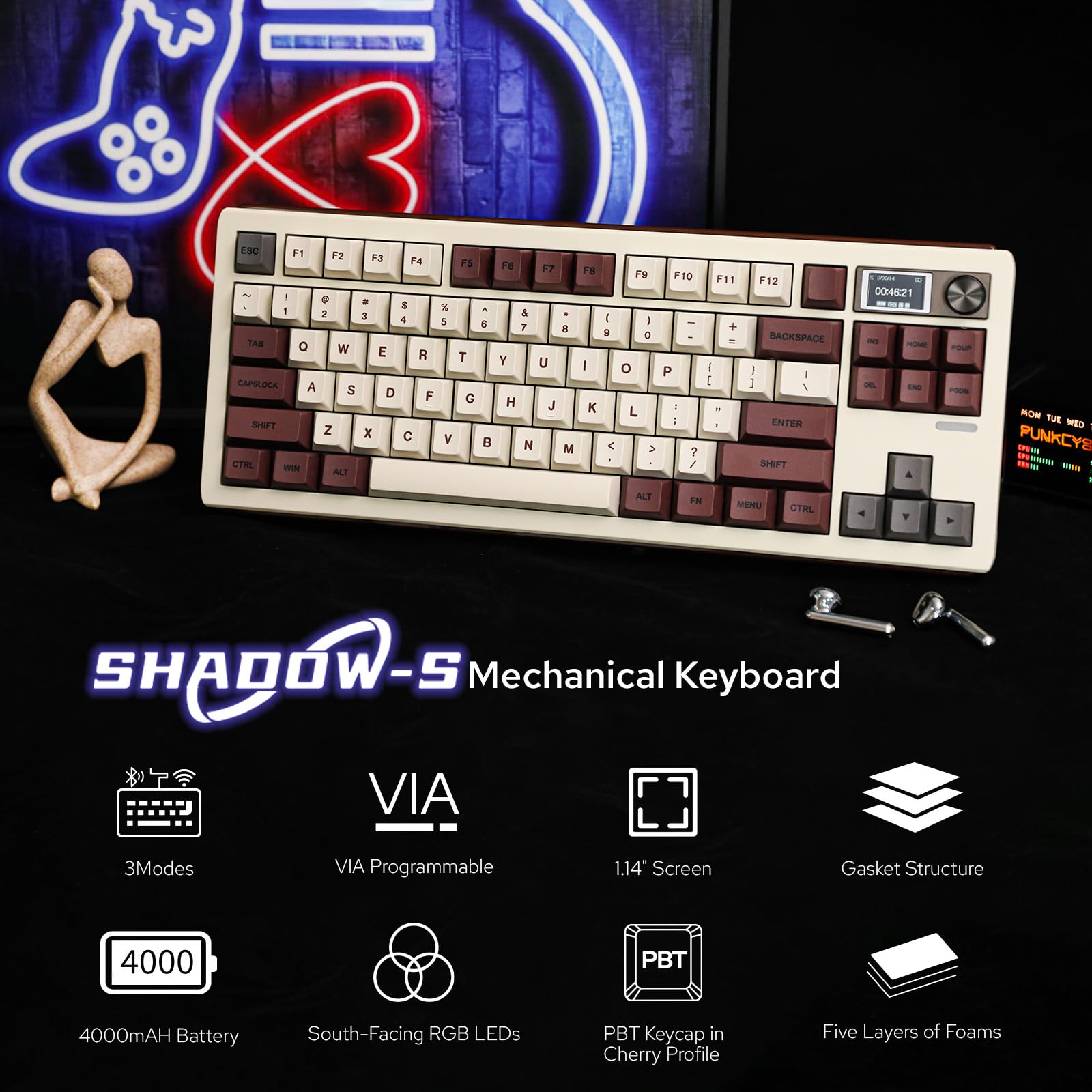 EPOMAKER Shadow-S VIA Wireless Gaming Keyboard - Gasket Mount Mechanical Keyboard with 1.14