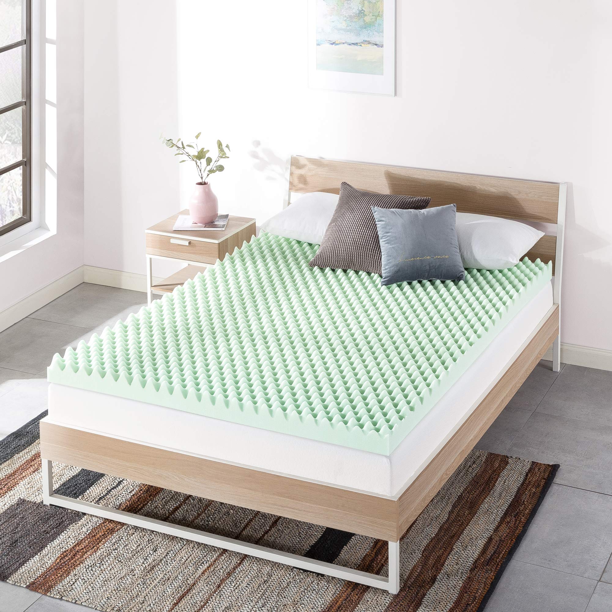 4 Inch Egg Crate Memory Foam Mattress Topper with Green Tea Infusion - CertiPUR-US Certified, King Size for Pressure Relief & Cool Sleep - Perfect for Back Pain Relief, Guest Beds & Dorm Rooms