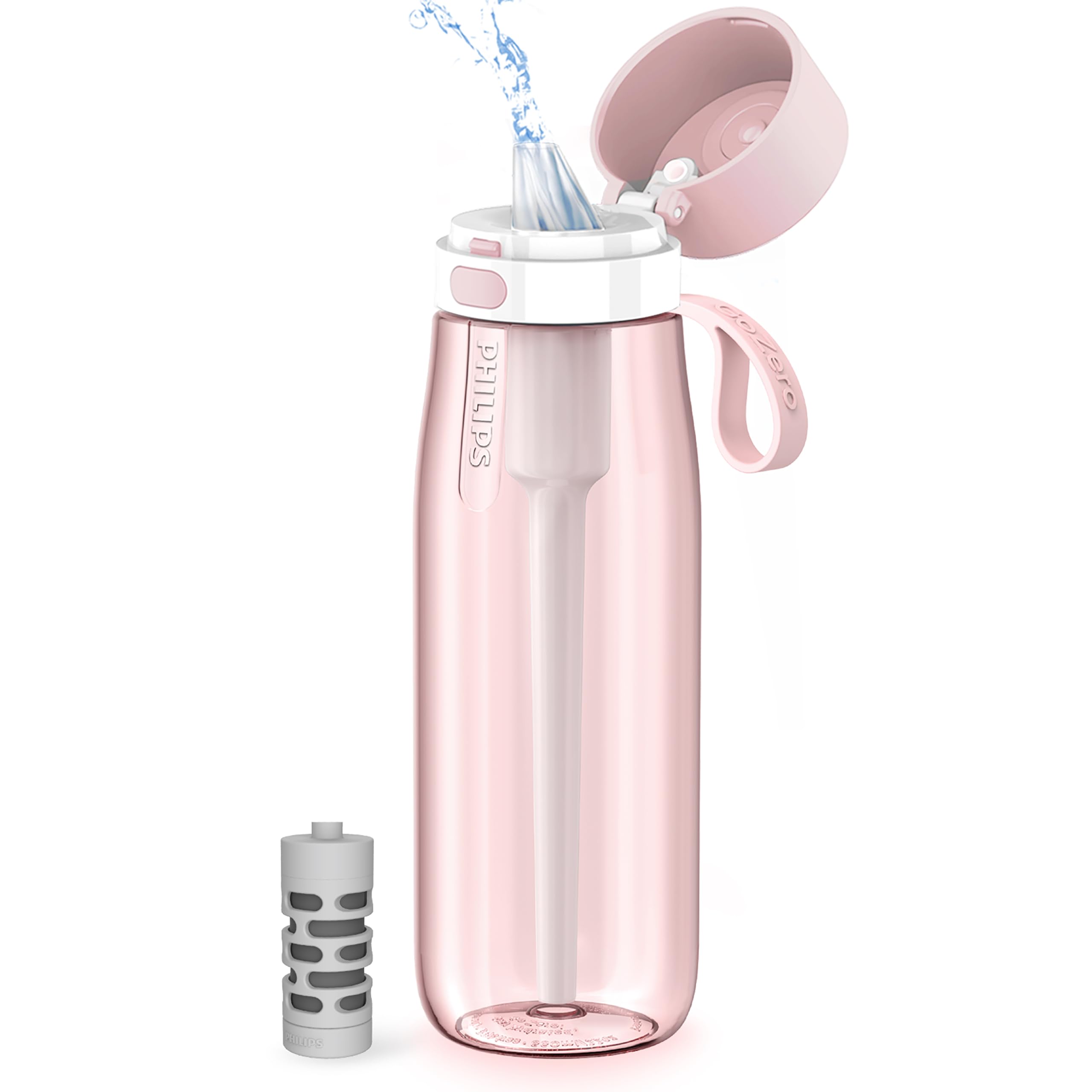 PHILIPS BPA-Free Tritan Filtered Water Bottle - 22 oz Reusable Travel Water Bottle with GoZero Everyday Filter, Replaces 450 Plastic Bottles - Perfect for Hiking, Camping, Gym & Outdoor Activities (Pink)
