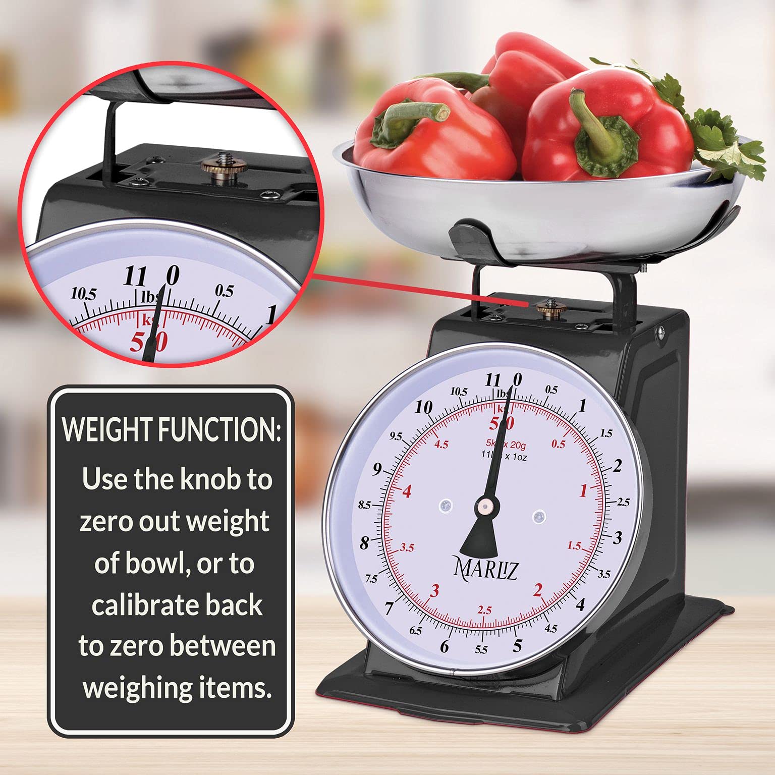 Vintage MARLIZ Kitchen Scale 11Lb/5Kg with 2 Bowls - Mechanical Dial Food Scale for Baking, Cooking & Meal Prep | Black Baker's Scale for Home & Professional Kitchens