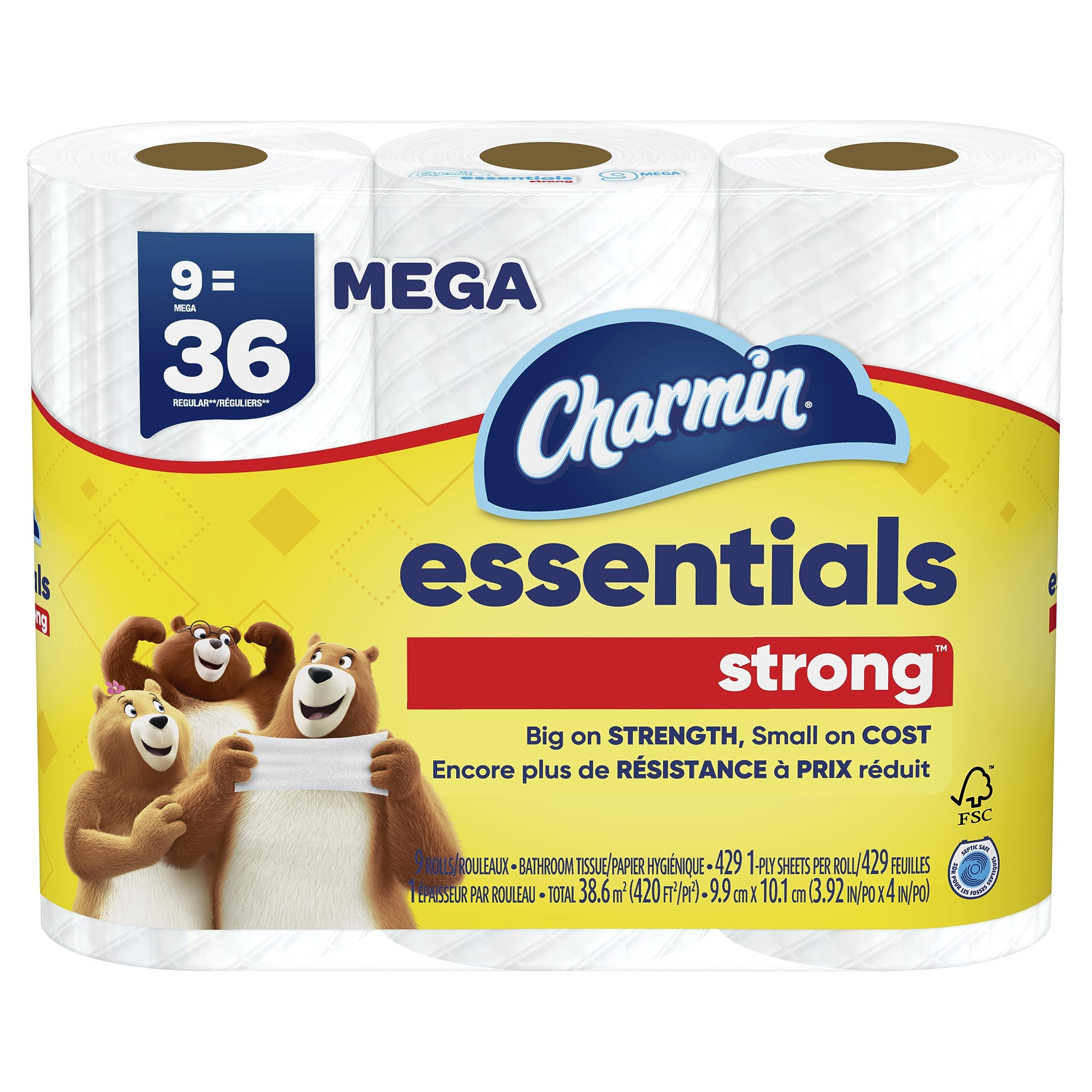 Charmin Essentials Strong Toilet Paper - 9 Mega Rolls (Equivalent to 36 Regular Rolls) | Ultra Soft & Durable Bathroom Tissue for Home & Office Use