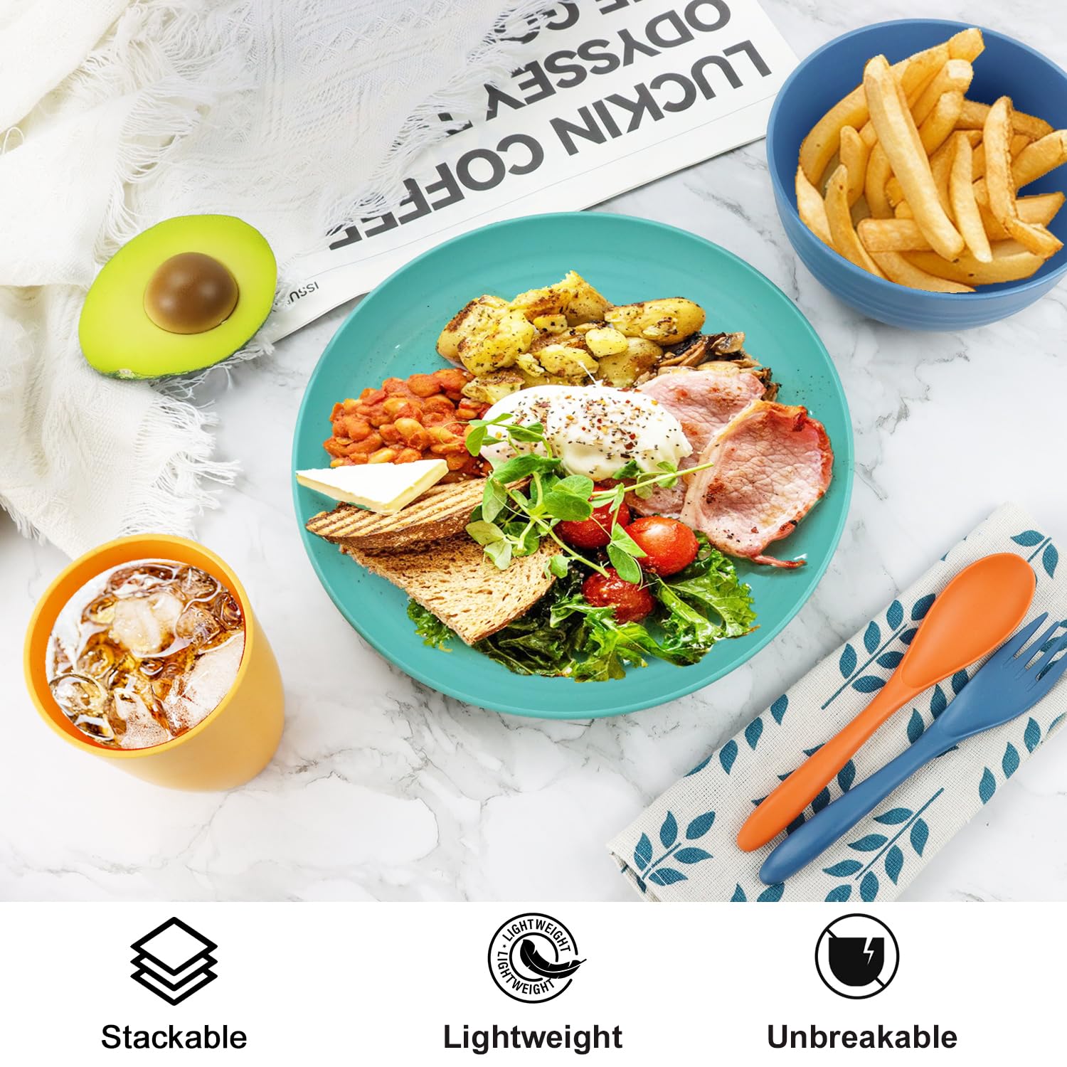 20-Piece Eco-Friendly Wheat Straw Dinnerware Set - Unbreakable Plates & Bowls, Reusable Plastic-Free Alternative - Microwave & Dishwasher Safe - Perfect for Camping, Picnics & Family Dinners (4-Person Set, Multicolor) - Ideal for Outdoor Adventures, Sustainable Living & Everyday Use