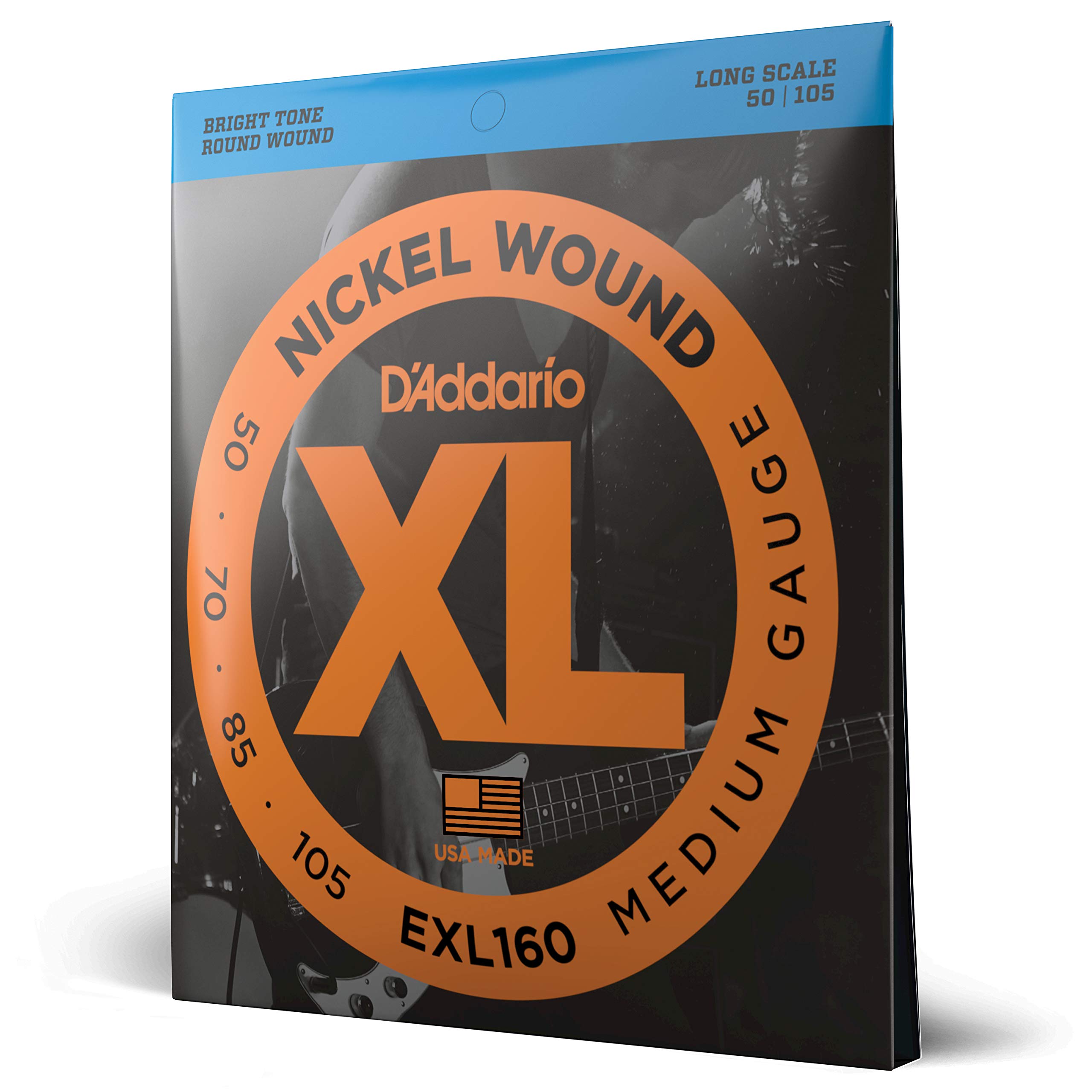 D'Addario EXL160 XL Nickel Bass Guitar Strings - 50-105 Medium Gauge, Long Scale for 4 String Bass - Superior Intonation, Consistent Feel & Extreme Durability - Perfect for Live Performances, Studio Recording & Bass Practice Sessions