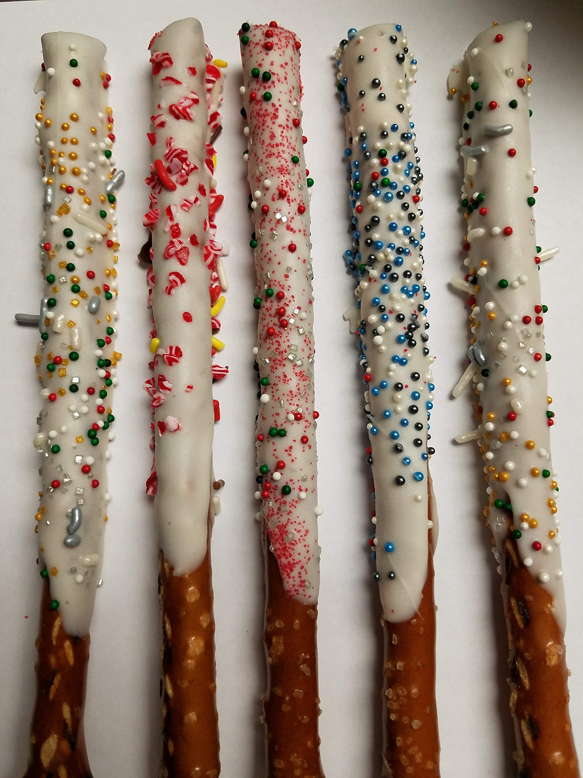 Premium White Chocolate Covered Pretzel Rods with Holiday Toppings - Perfect for Christmas Gifts, Party Snacks & Festive Treats