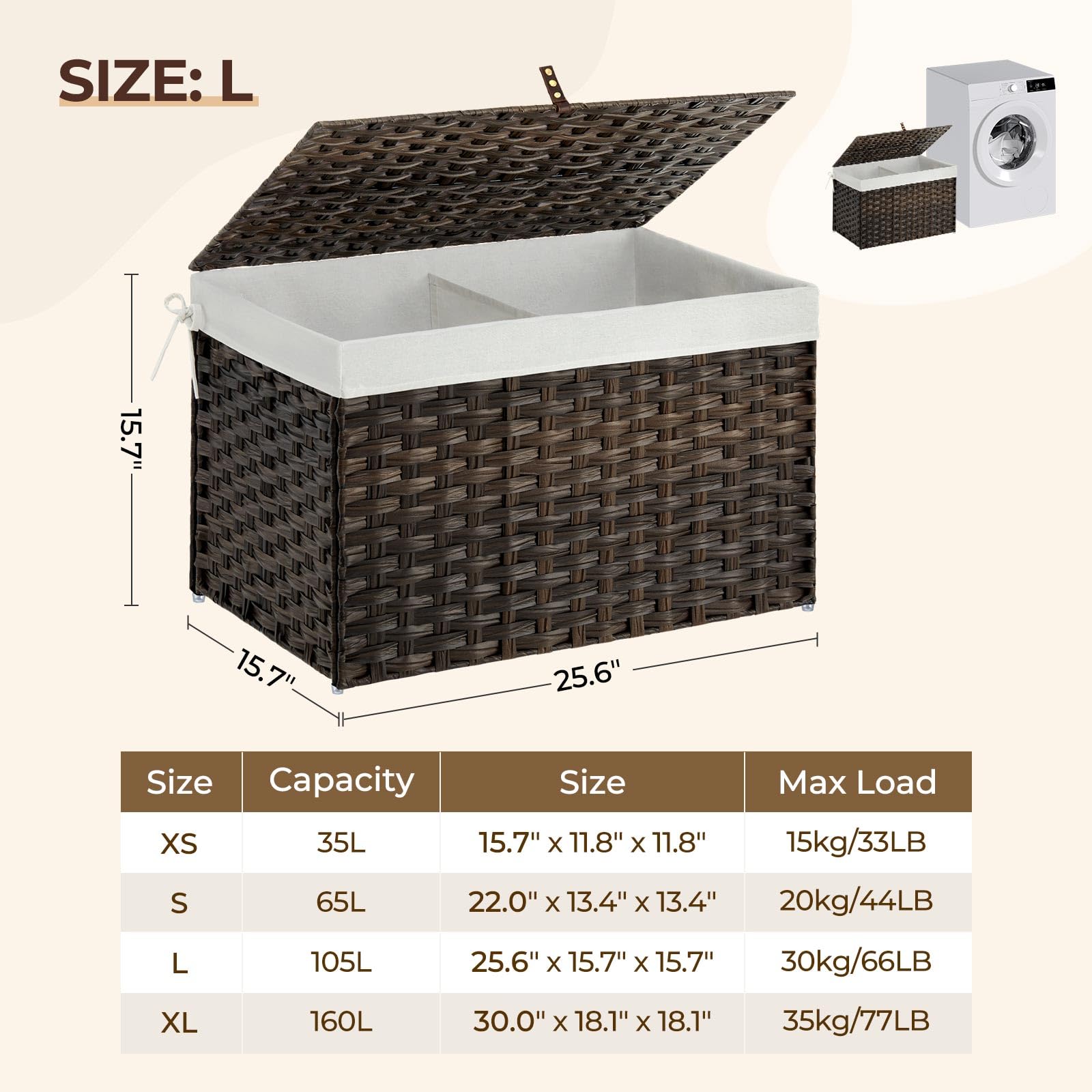 GREENSTELL 105L Large Wicker Storage Basket with Lid - Handwoven Blanket Organizer with Removable Cotton Liner & Metal Frame | Foldable for Bedroom, Laundry Room, Closet Organization | Brown Rattan Basket for Home Decor & Storage Solutions