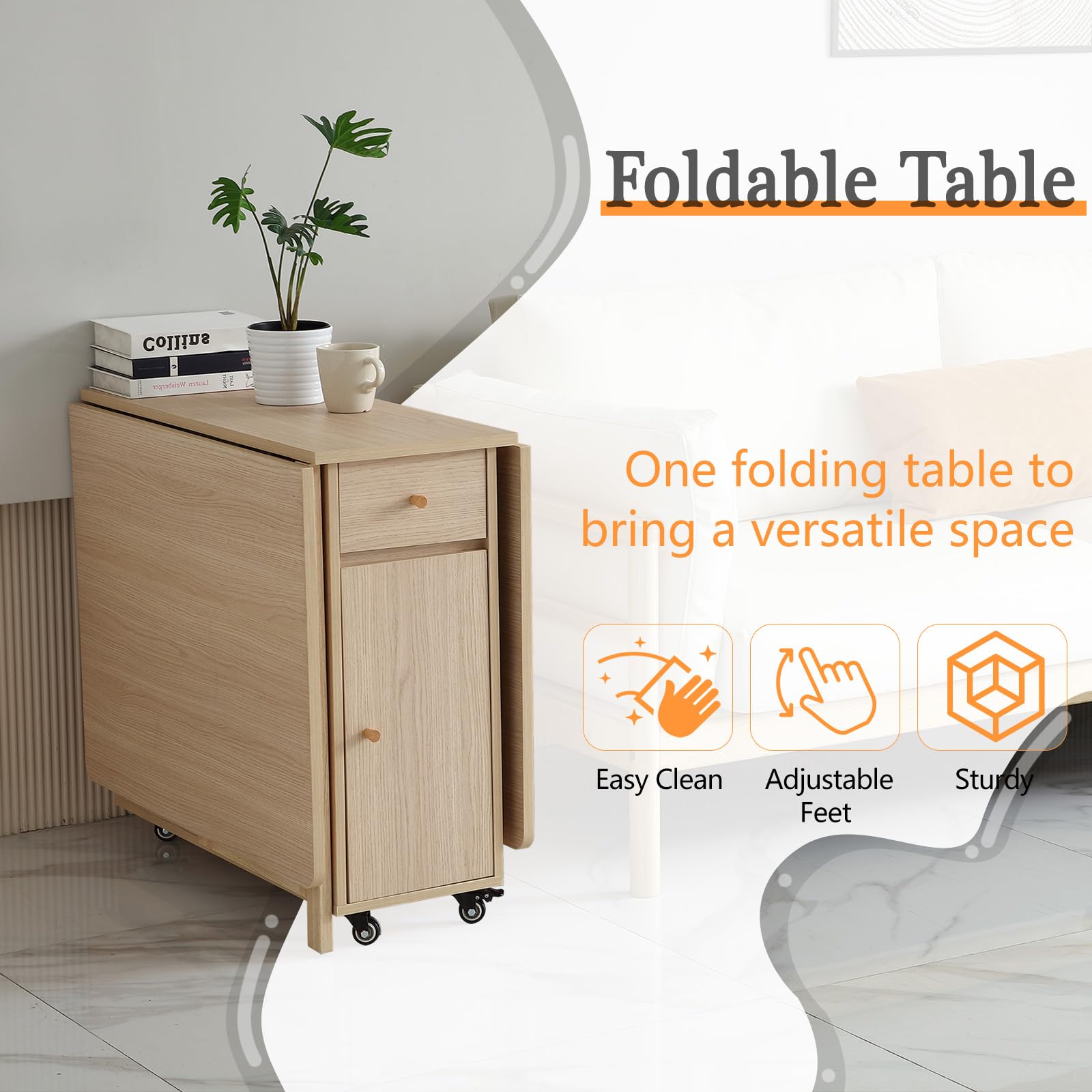 Extendable Drop Leaf Folding Dining Table with 2 Drawers & 4 Wheels - Space Saving Kitchen Table for Small Apartments, Farmhouse, Living Room | Solid Wood Finish | Perfect for Dining, Entertaining & Home Office Use