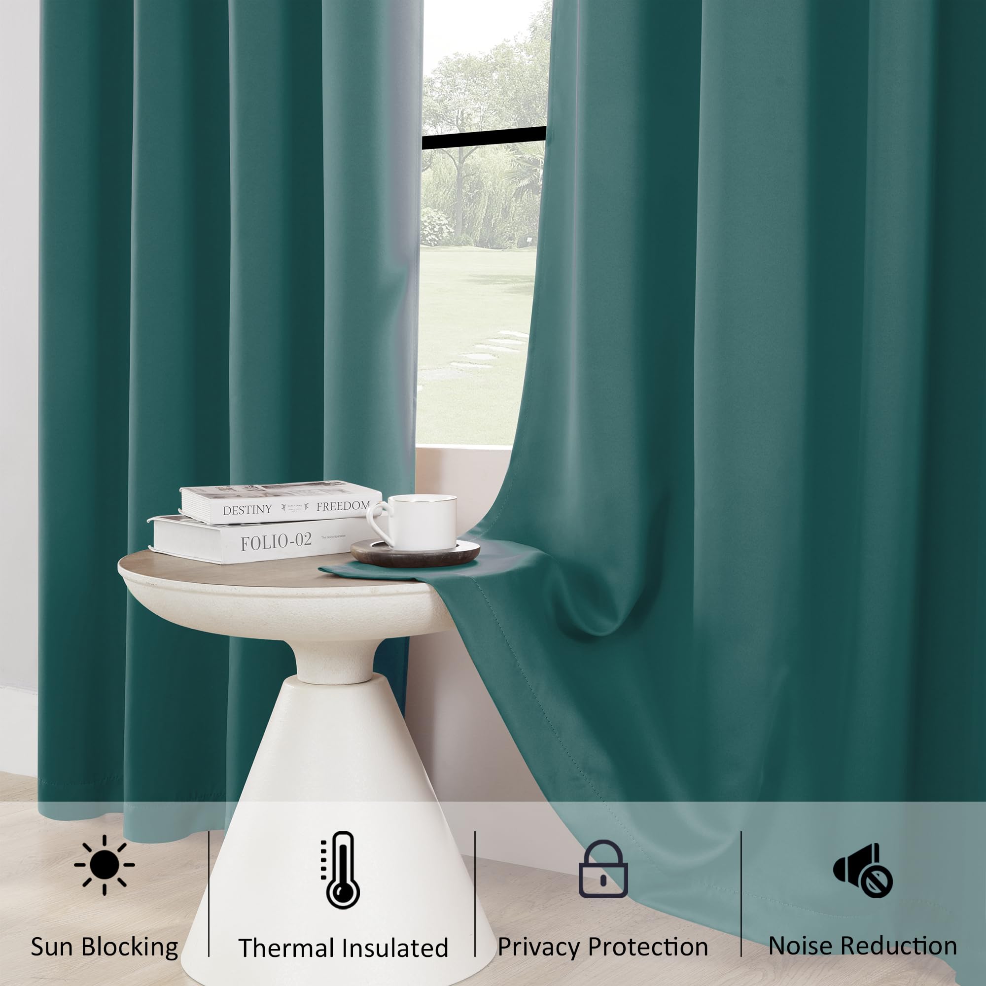 Thermal Insulated Blackout Curtains 42x54 Inch - Antique Copper Grommet Drapes for Bedroom, Living Room & Basement Windows | Noise Reducing & Energy Saving | 1 Pair Teal Green Panels for Christmas Decor