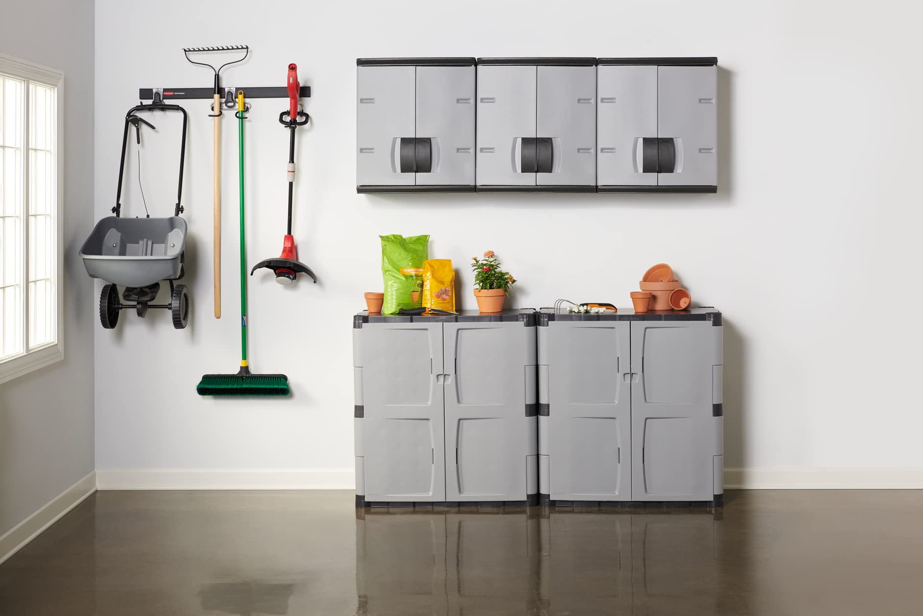 Rubbermaid Heavy Duty Wall Mounted Storage Cabinet - 150 lb Capacity, Lockable Gray 3-Shelf Organizer for Tools, Car Accessories & Cleaning Supplies | Perfect for Garage, Home & Outdoor Storage Organization