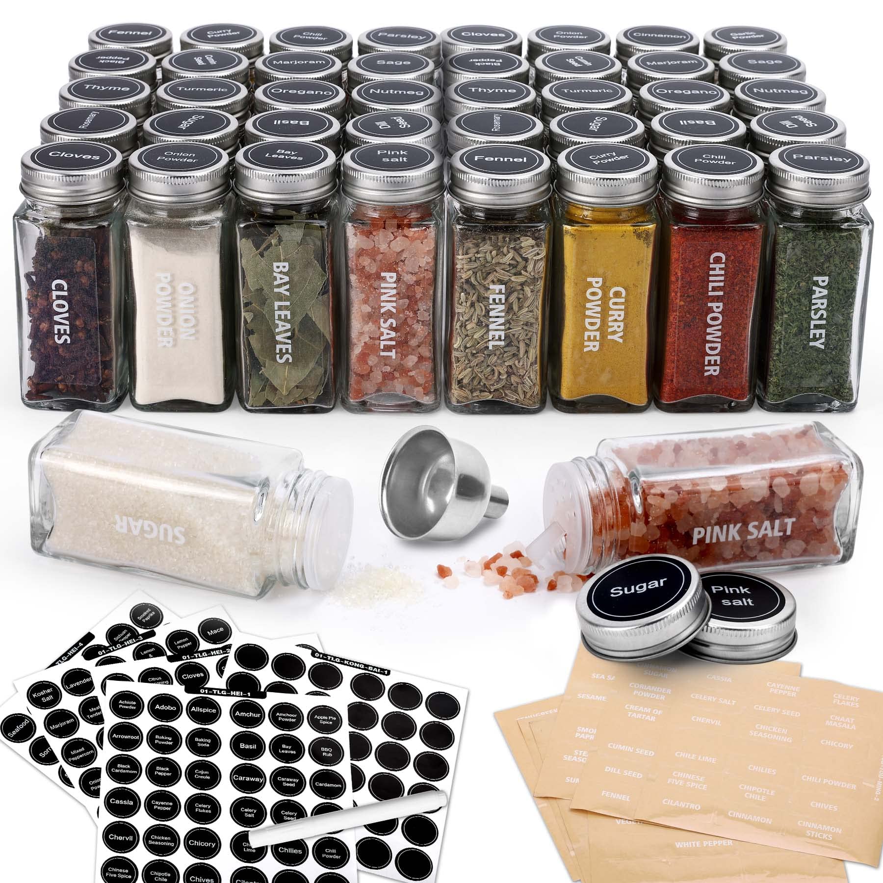 40-Pack 3.5 OZ Glass Spice Jars with 324 Labels, Shaker Lids & Airtight Metal Caps - Reusable Square Seasoning Bottles for Spice Storage - Includes Marker & Stainless Steel Funnel - Perfect for Kitchen, Pantry Organization & DIY Spice Blends