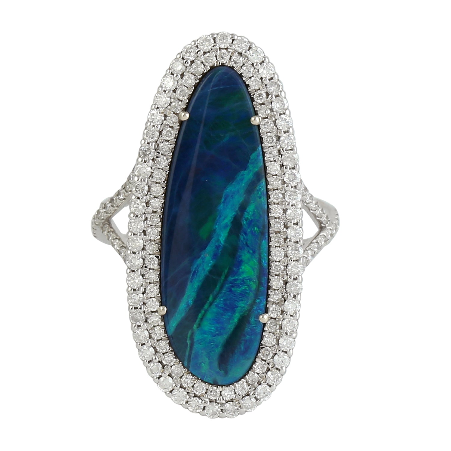 18K White Gold Australian Opal Doublet Pave Diamond Ring for Women - Elegant Long Band for Engagement, Anniversary & Special Occasions