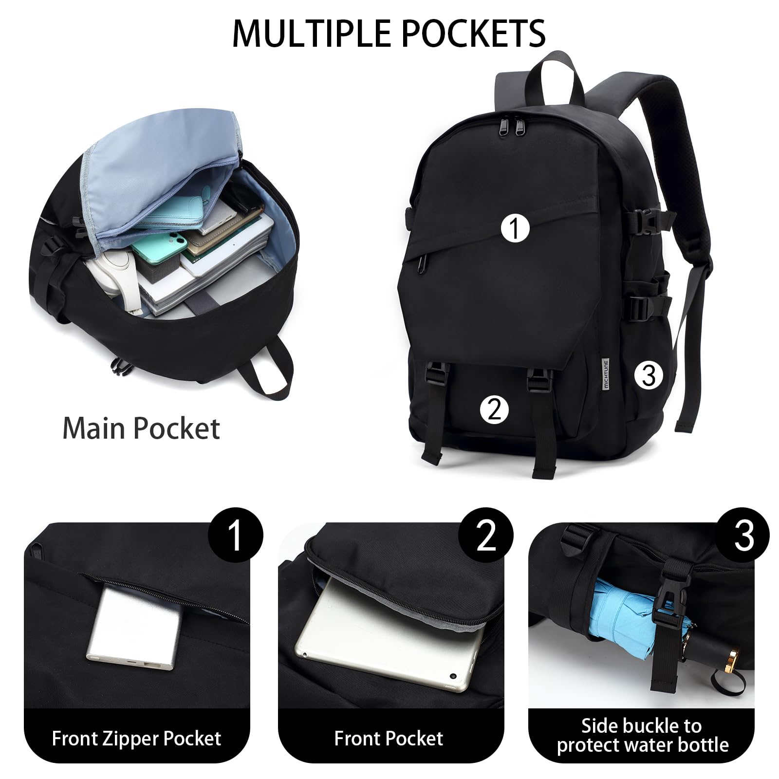 22L Water Resistant Travel Backpack for Men & Women - Lightweight Casual Daypack with Laptop Compartment - Perfect for Hiking, Commuting & College (Black)