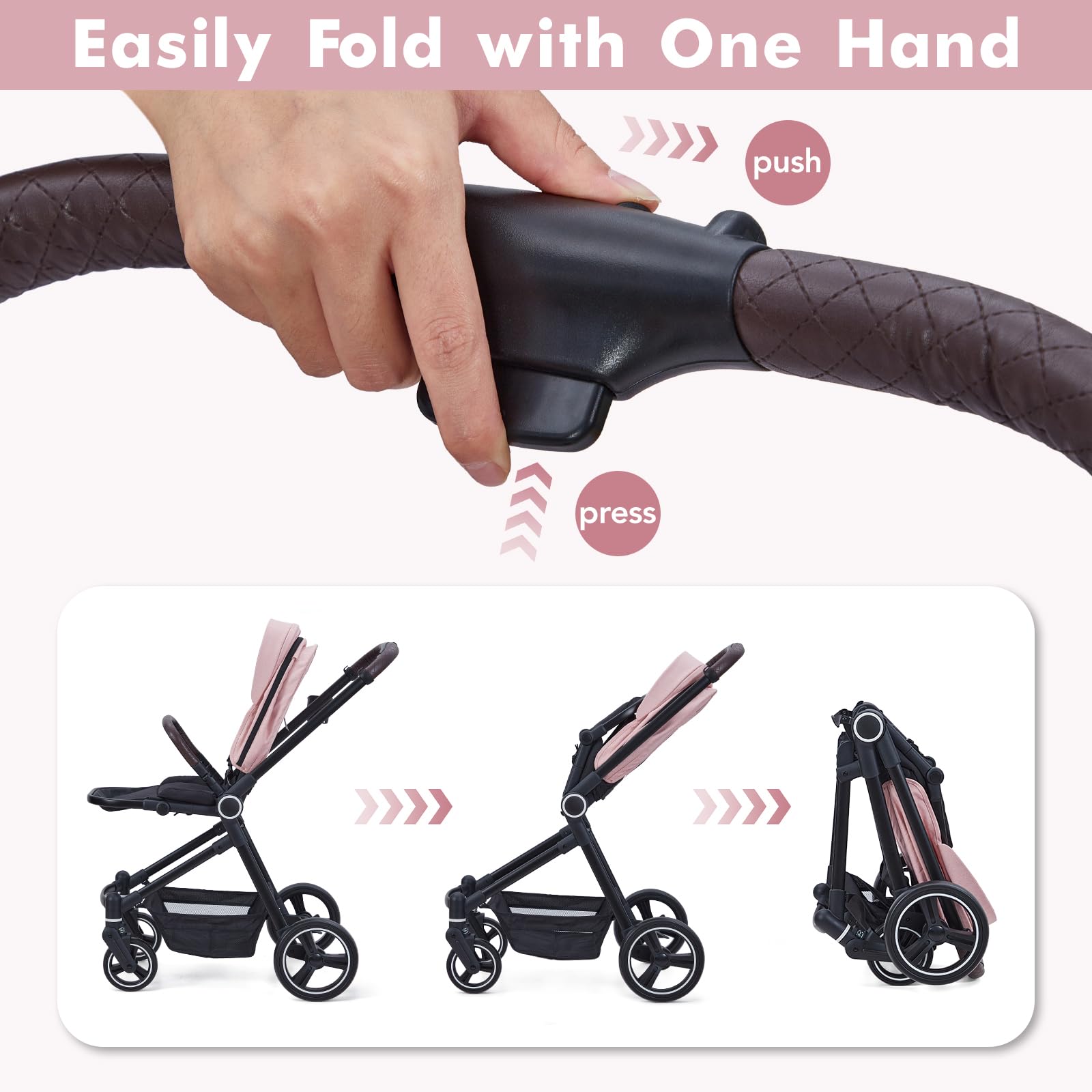 Foldable Pink Baby Stroller - Lightweight Travel Stroller for Newborn to Toddler, Convertible Infant Pram with Reversible Seat, Adjustable Canopy & Footrest, Large Storage Basket & Cup Holder | Perfect for Shopping, Travel, Walks in Park & Daily Use with Baby Girls & Boys