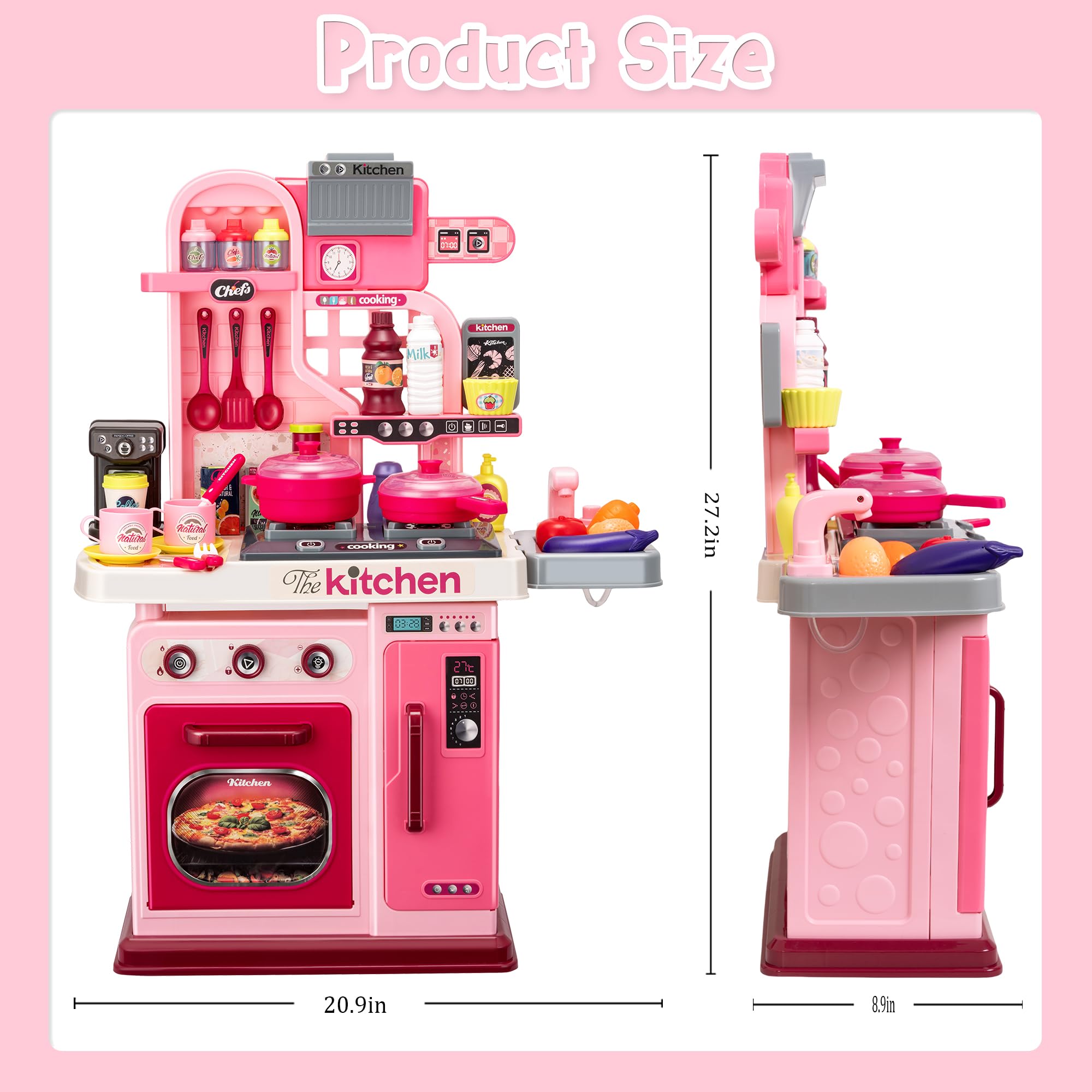 **53-Piece Kids Kitchen Playset with Stove, Sink & Oven - Realistic Lights & Sounds, Pretend Play Toys for Toddlers Ages 1-3 (Pink) - Perfect for Imaginative Role-Playing & Early Learning**