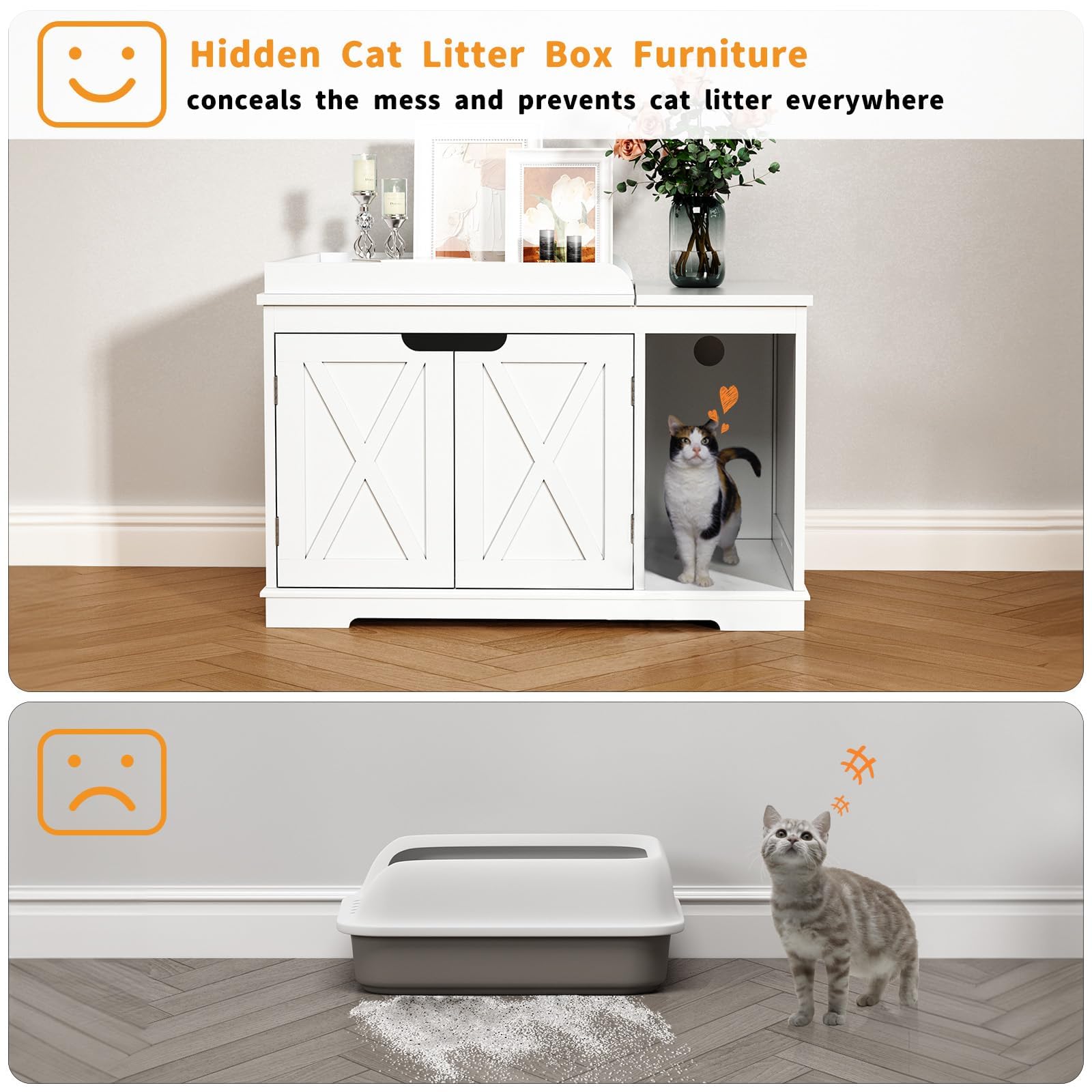 Flip Top Covered Cat Litter Box Enclosure - Hidden Wooden Furniture Style Cat Washroom Cabinet for Medium & Large Cats - White | Perfect for Home, Apartment & Pet-Friendly Spaces