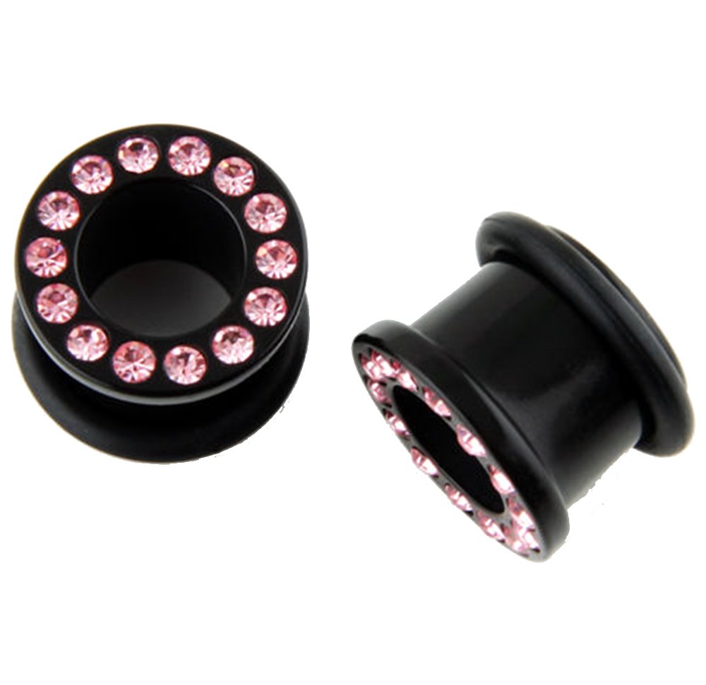 JewelryVolt Black Acrylic Single Flare Ear Plugs with Pink CZ Crystal Bling - Stylish Ear Gauges for Body Jewelry & Stretching - Perfect for Parties, Concerts and Alternative Fashion