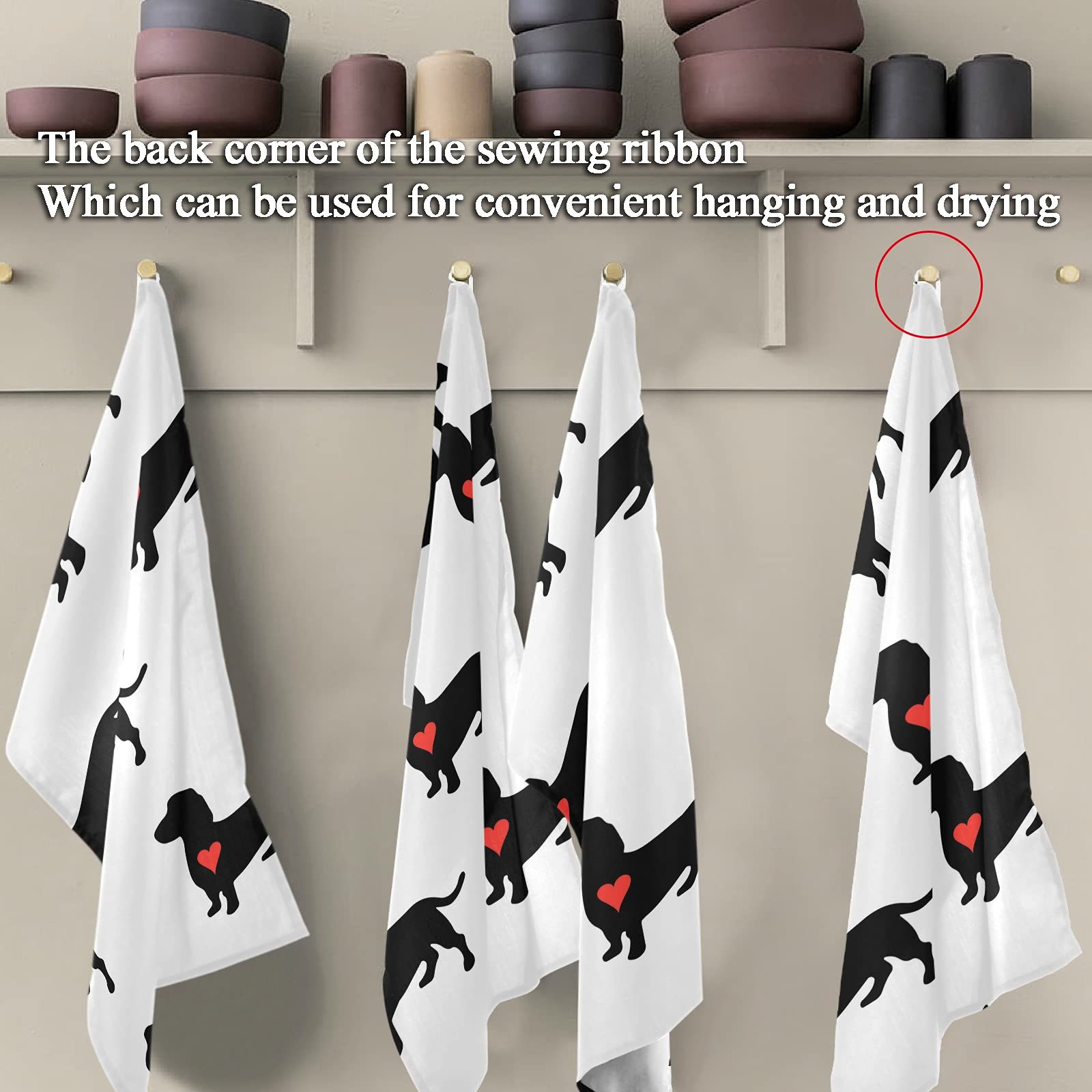 Cute Heart Dachshund Dog Kitchen Towels 4 Pack - Absorbent Reusable Dish Cloths, Hand Towels & Tea Towels (28x18 Inch) - Fast Drying Cleaning Cloths for Home, Bar, Restaurant & Gifts