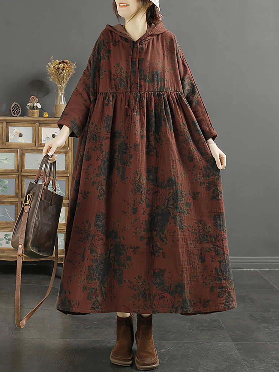 Plus Size Women's Retro Floral Print Shirred Loose Fit Hooded Dress - Casual Summer Outfit for Beach, Vacation & Street Style