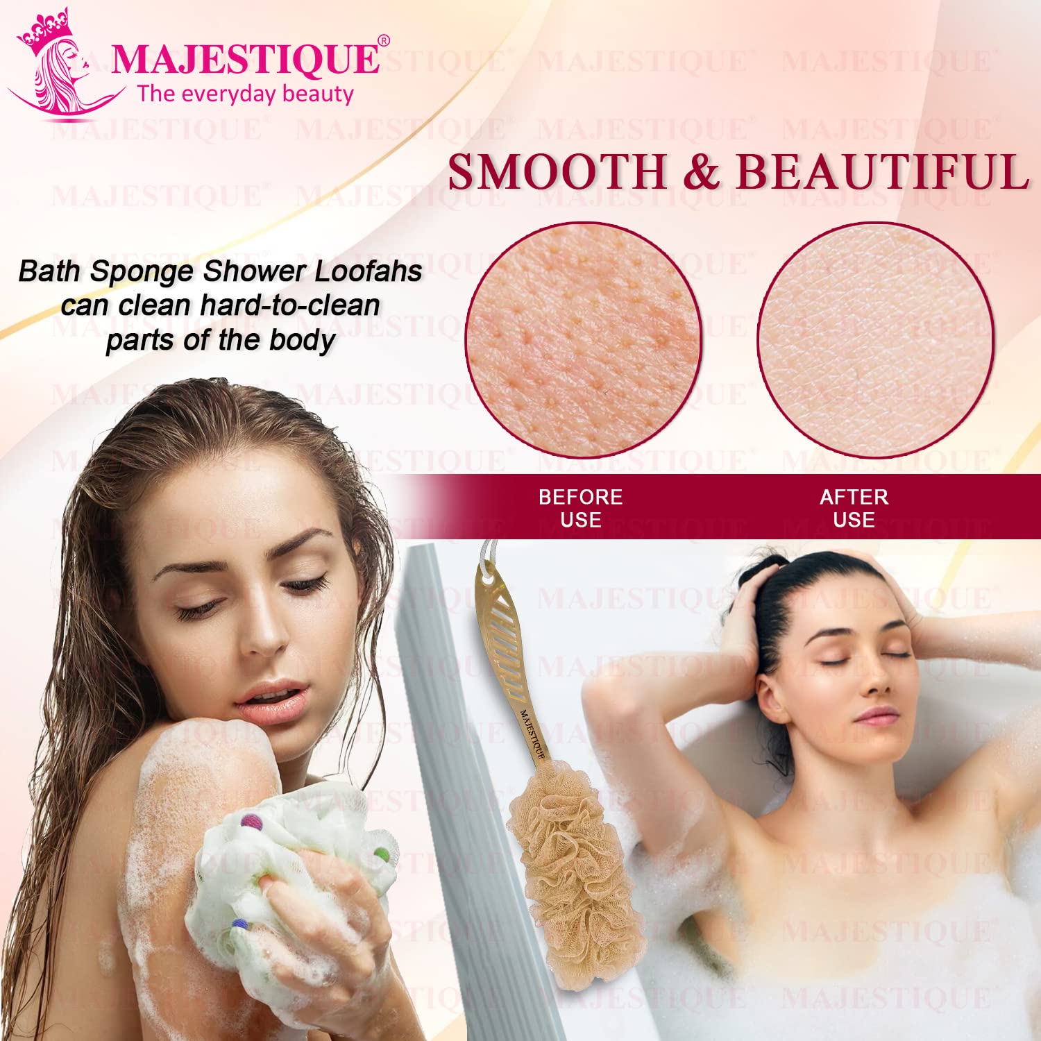 Majestique Round Body Sponge Loofah with Long Handle - Exfoliating Bath & Shower Sponge Set for Deep Cleansing & High Lather | Soft Loofah for Women, Men & Kids | Perfect for Daily Skincare & Gentle Exfoliation (2-Pack, Colors May Vary)