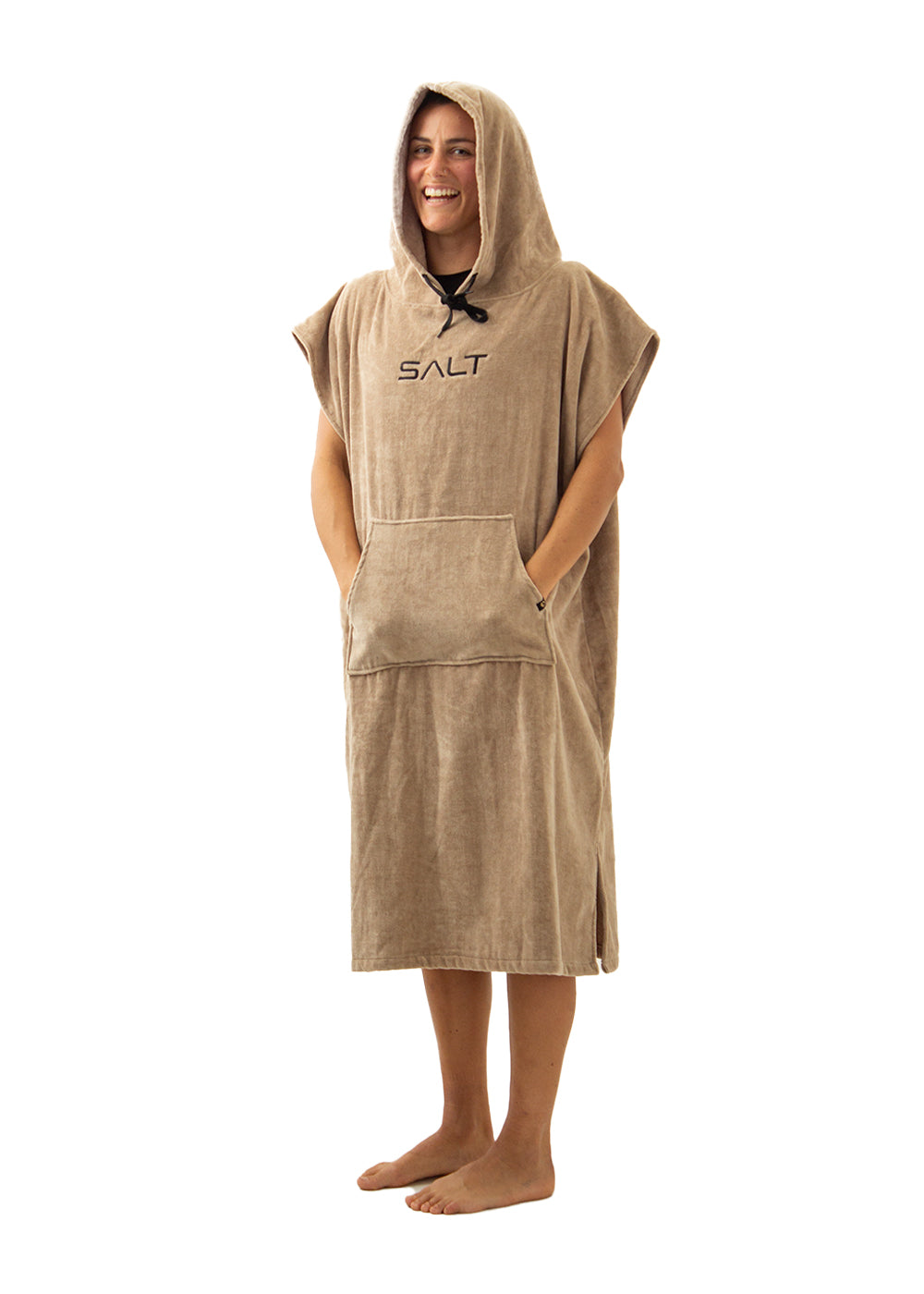 SALT Hooded Cotton Poncho Towel - Soft & Absorbent Beach Cover Up for Women & Men - Perfect for Swimming, Surfing, Yoga & Spa Days (Tan)