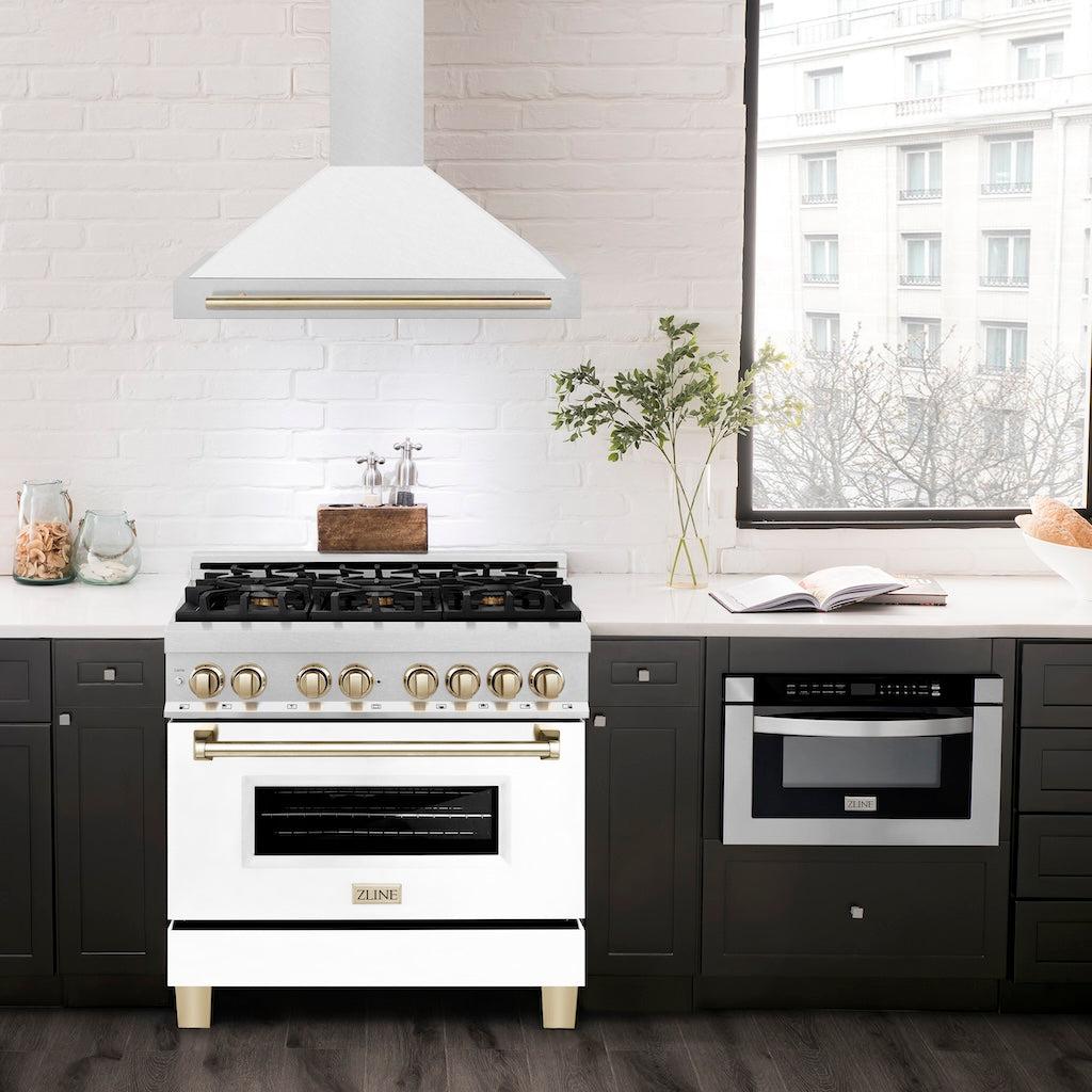 ZLINE KB4SNZ WM30 G 30-Inch Convertible Wall Mount Range Hood - Satin Stainless Steel with White Matte Shell & Polished Gold Handle - Autograph Edition - Perfect for Modern Kitchens & Open-Concept Homes
