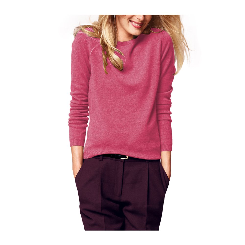 Parisbonbon Women's 100% Cashmere Crew Neck Sweater - Soft & Warm Hot Pink Pullover, Size S | Perfect for Winter, Office & Casual Outfits
