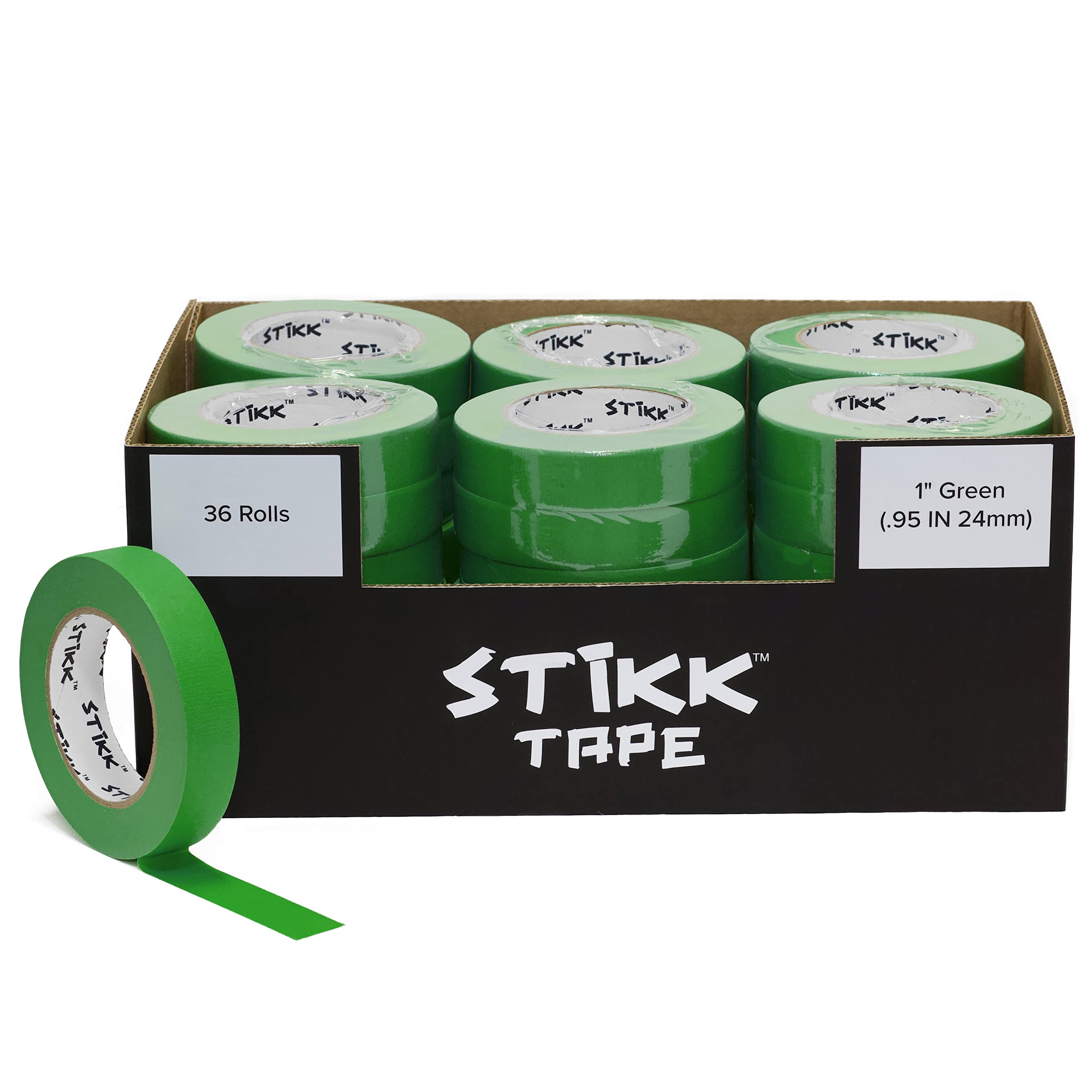 STIKK 1 Inch x 60 Yards Green Painter's Tape - 36 Rolls Bulk Pack - Residue-Free Masking Tape for Painting Walls, Edges, Trim and Ceilings - Perfect for DIY Home Projects, Crafts and Professional Painting Jobs - Ideal for Clean Lines and Sharp Paint Edges in Home Renovation, Furniture Painting and Wall Decorating
