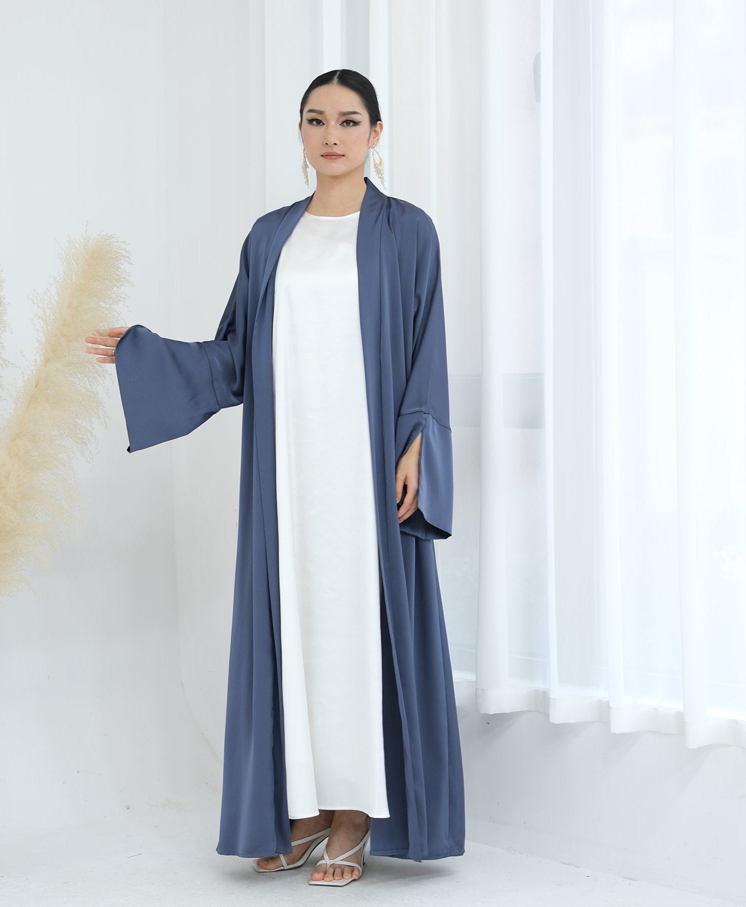 Lavinia Satin Open Abaya Denim - Elegant Muslim Prayer Dress for Women | Perfect for Prayer, Mosque, and Special Occasions