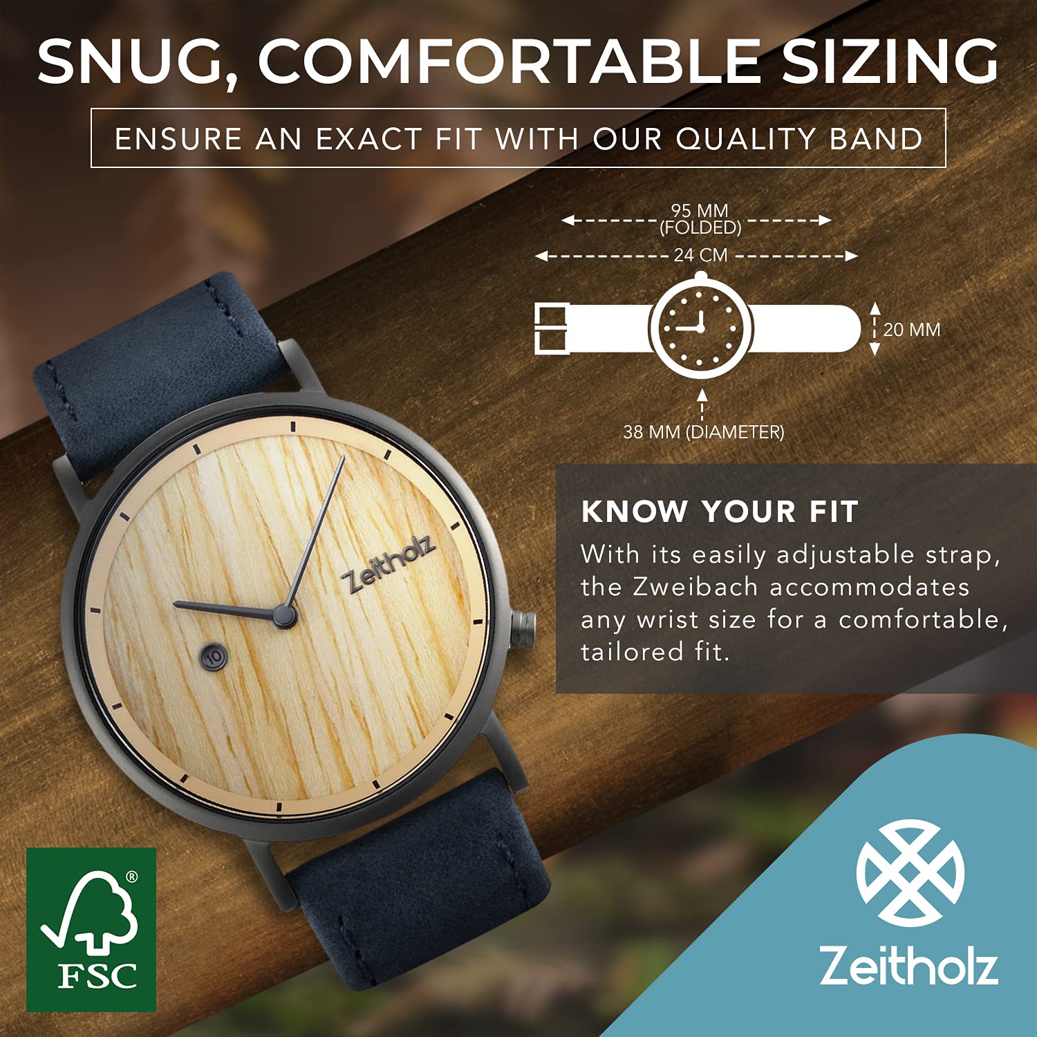 Zeitholz Unisex Wooden Watch - Zweibach Model | 100% Natural Oakwood Handmade Watch with Precise Quartz Movement | Lightweight Analog Wooden Wristwatch for Men & Women | Adjustable Band for All Wrist Sizes | Perfect for Outdoor Activities, Casual Wear & Eco-Friendly Gifts