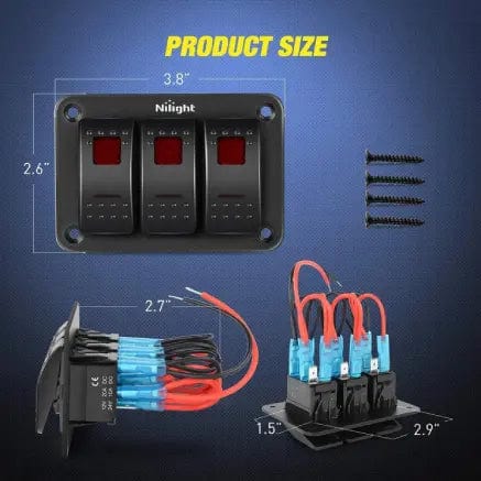 3 Gang Aluminum 5 Pin ON/Off Rocker Switch Panel with Red LED - Perfect for Marine, RV, Automotive and Industrial Control Panels
