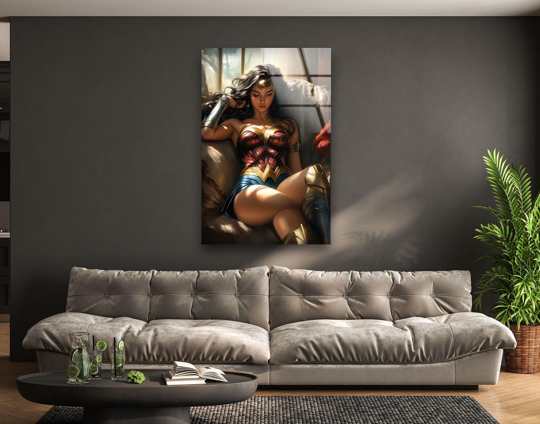 Wonder Woman Glass Wall Art - Superhero Home Decor for Living Room, Bedroom & Office - Unique DC Comics Gifts for Fans