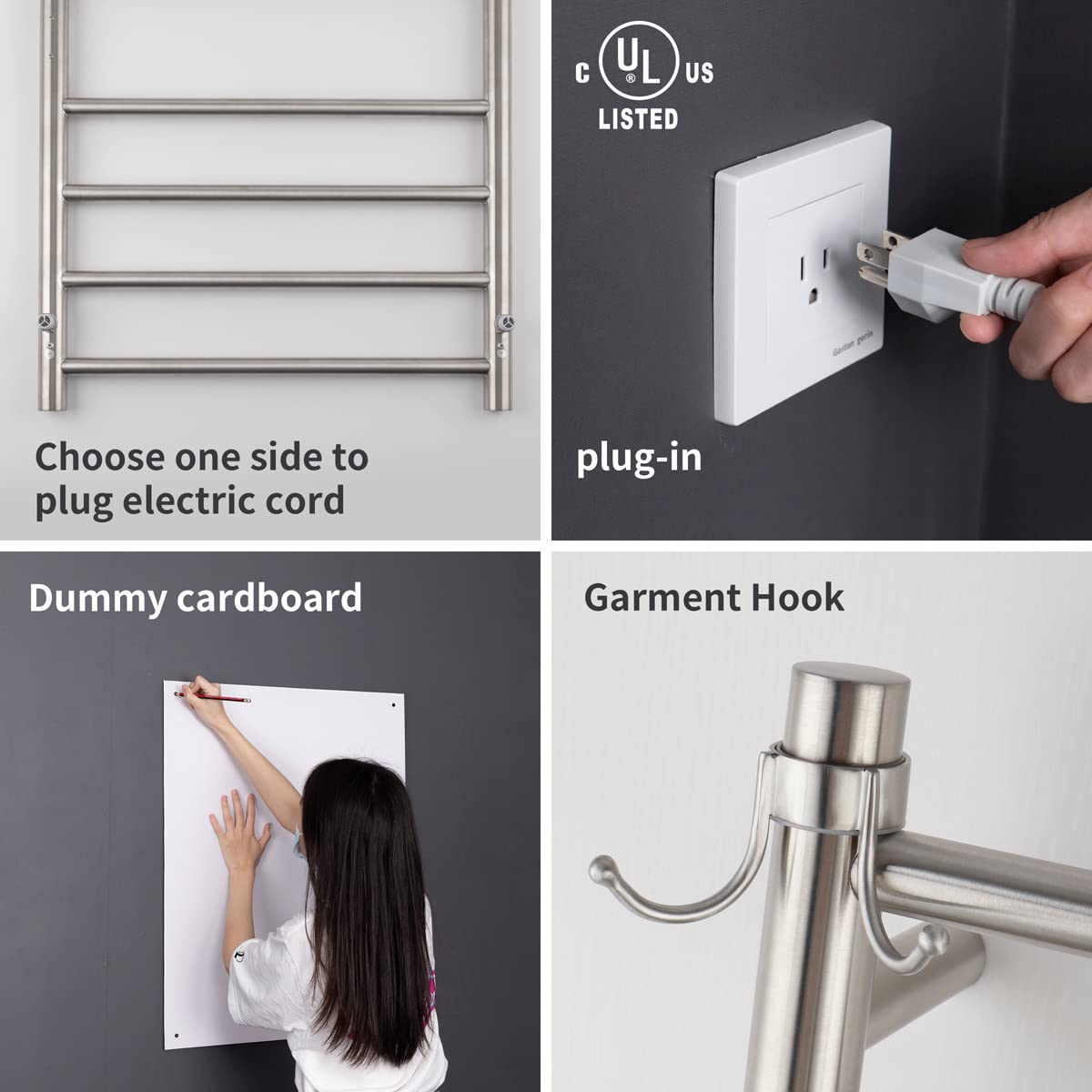 **8-Bar Wall Mounted Towel Warmer - Plug-in & Hardwired Options, 3 Heat Modes, Brushed Stainless Steel (21