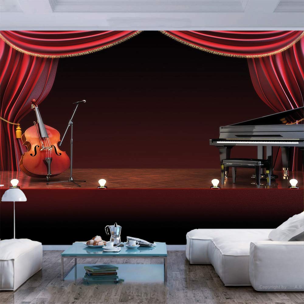 55x30 Inches Self-Adhesive Wall Mural - Orchestra Symphony Theme Stage Curtains with Piano & Cello Design, Peel and Stick Removable Wallpaper for Home & Office Decor - Perfect for Living Room, Bedroom, Music Studio or Theater Backdrop