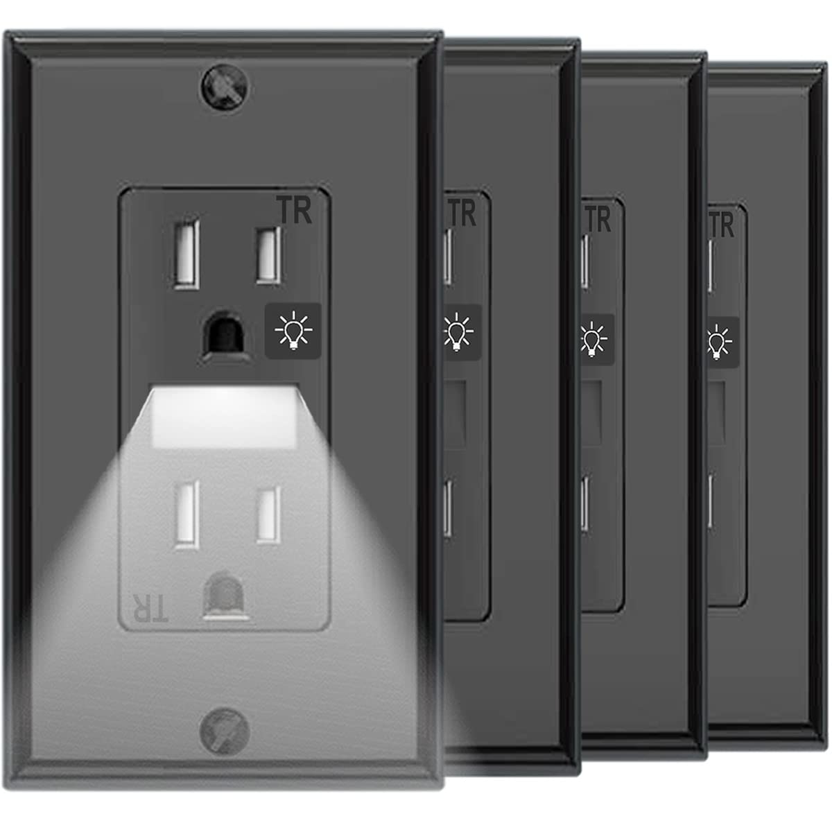 SOZULAMP Tamper Resistant Outlet with Built-in Night Light - 15 Amp 125V Electrical Receptacle - Glossy Black Wall Outlet with Wall Plate (4 Pack) - Perfect for Bedrooms, Hallways & Nursery Safety Lighting