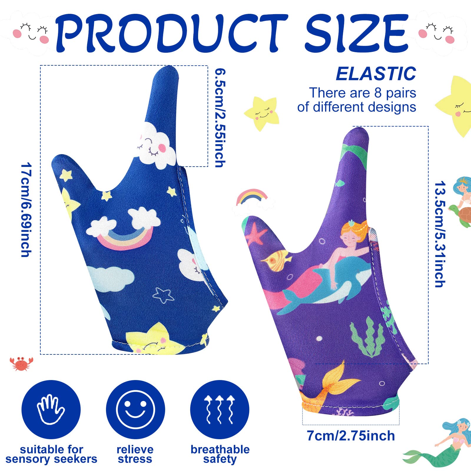 Janmercy 16 Pcs Thumb Sucking Prevention Gloves for Kids - Breathable Finger Guards to Stop Nail Biting & Thumb Sucking - 8 Adorable Styles (2 Finger Design for Ages 8-12) - Perfect for Daytime Play & Overnight Protection