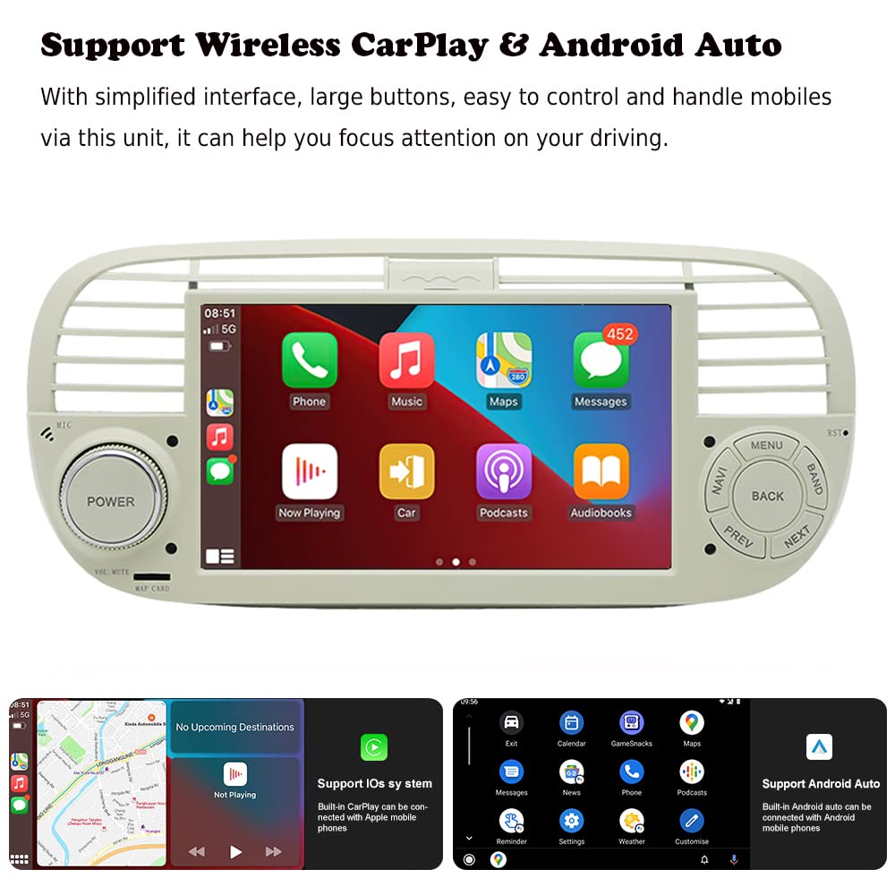 BOOMBOOST 7 Inch 2 Din Wireless Android Auto Car Stereo - Touch Screen Car Radio with Bluetooth, FM, WiFi, GPS & Mirror Link - Compatible with Fiat 500 (White) | Perfect for Hands-Free Calling, Music Streaming & Navigation